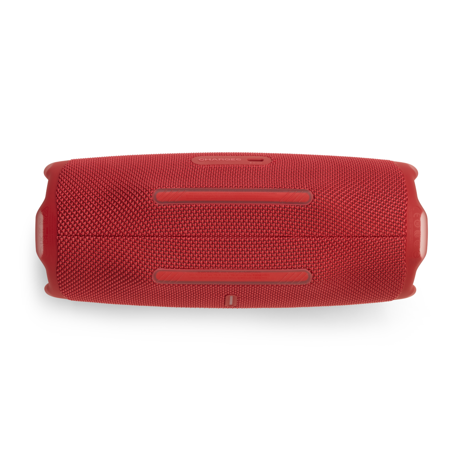 A red rectangular portable speaker. It has a mesh texture and is seen from the bottom.