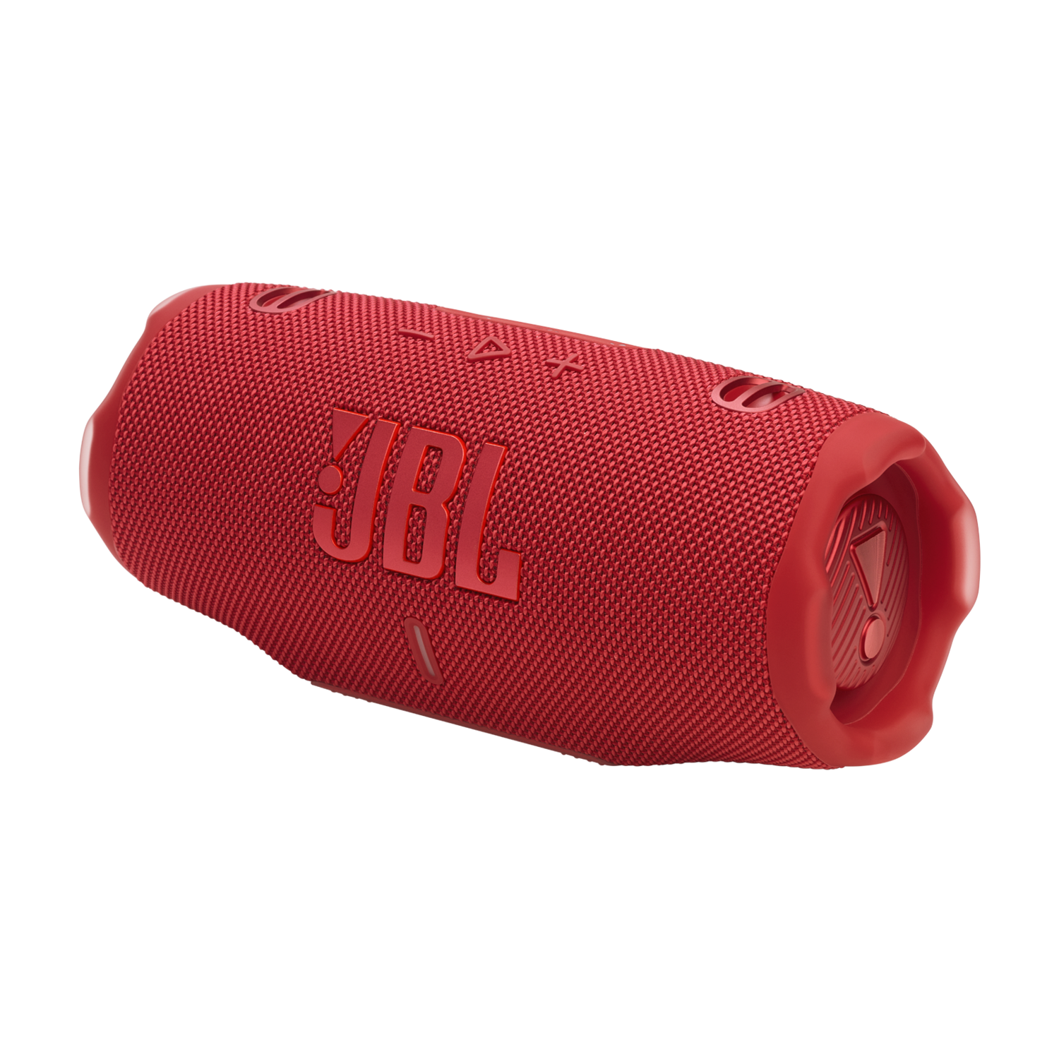 Red JBL speaker on a black background.