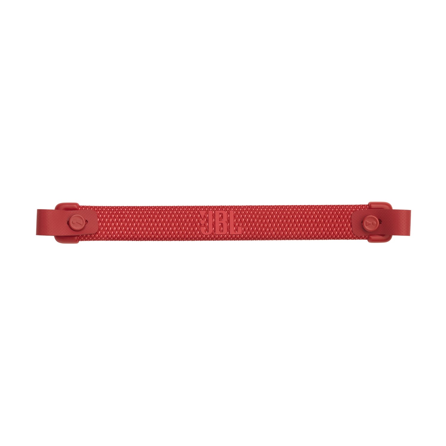 Red JBL speaker strap with logo and fasteners, isolated on a black background.
