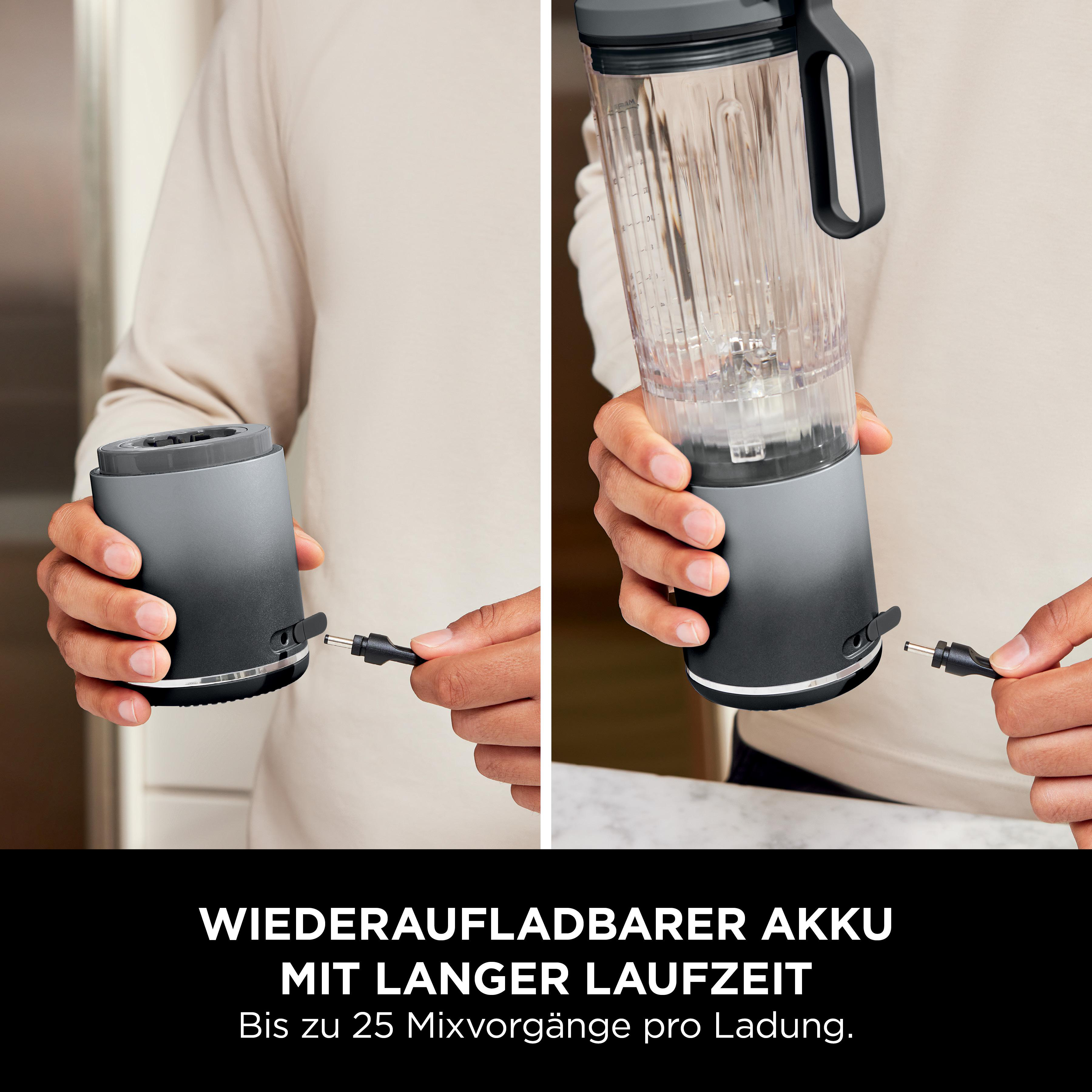 Hände, die einen Mixer mit einer Ladestation verbinden. Text: Wiederaufladbarer Akku mit langer Laufzeit.
