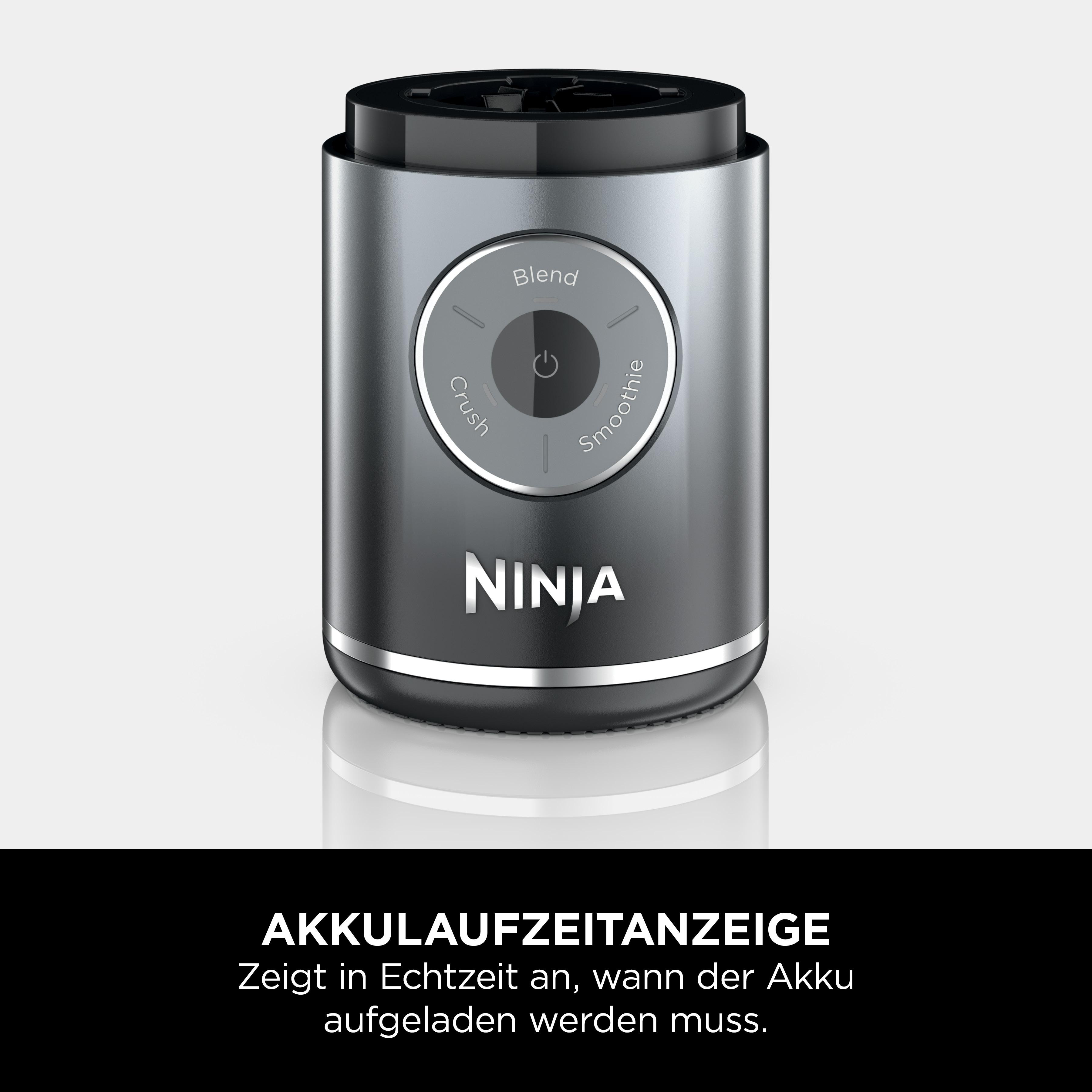 Ein Ninja-Mixer in Dunkelgrau. Die Knöpfe lauten 'Crush', 'Blend' und 'Smoothie'. Der Text unten ist auf Deutsch.