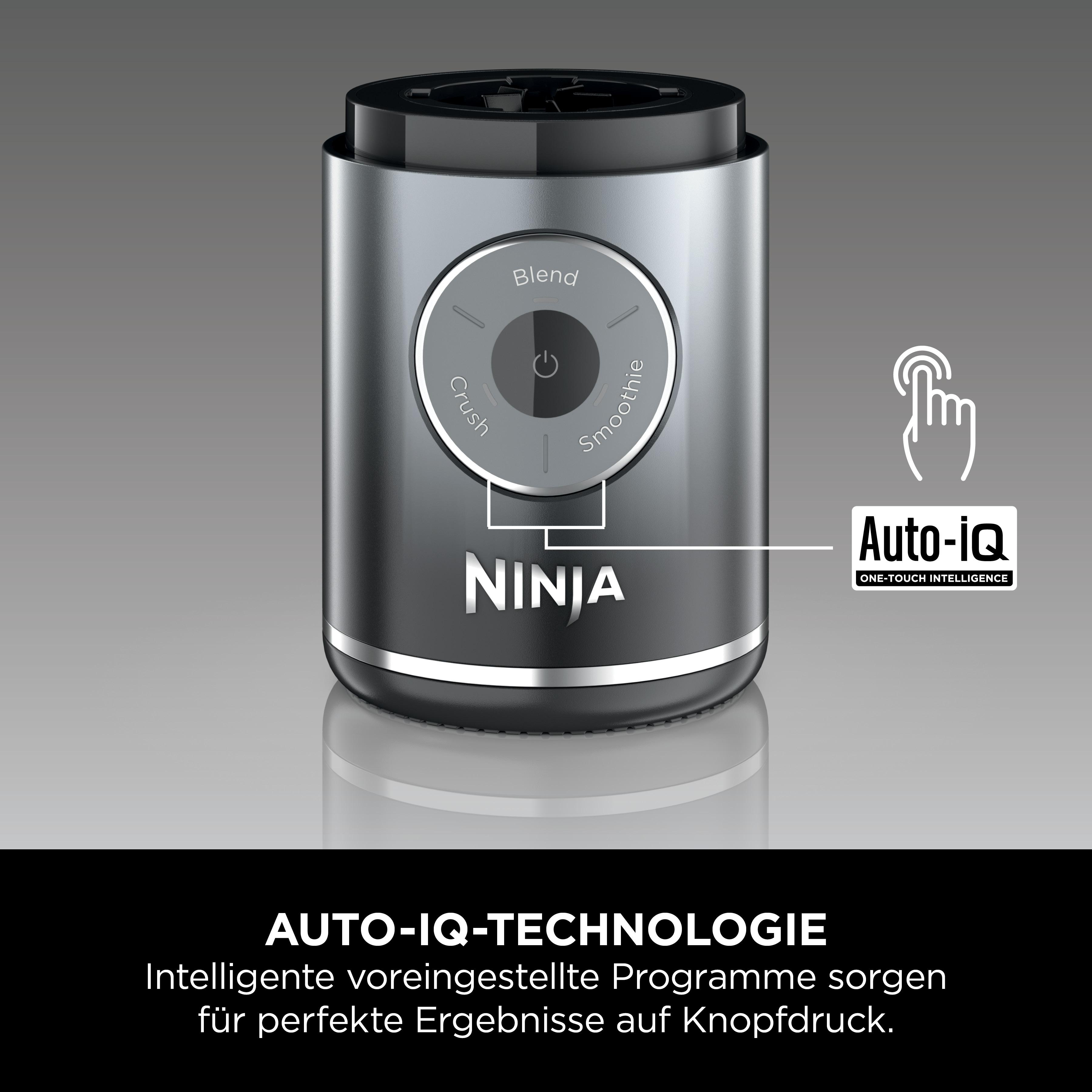 Ein silberner Ninja-Mixer mit Knöpfen und dem Text 'Auto-IQ' auf grauem Grund.