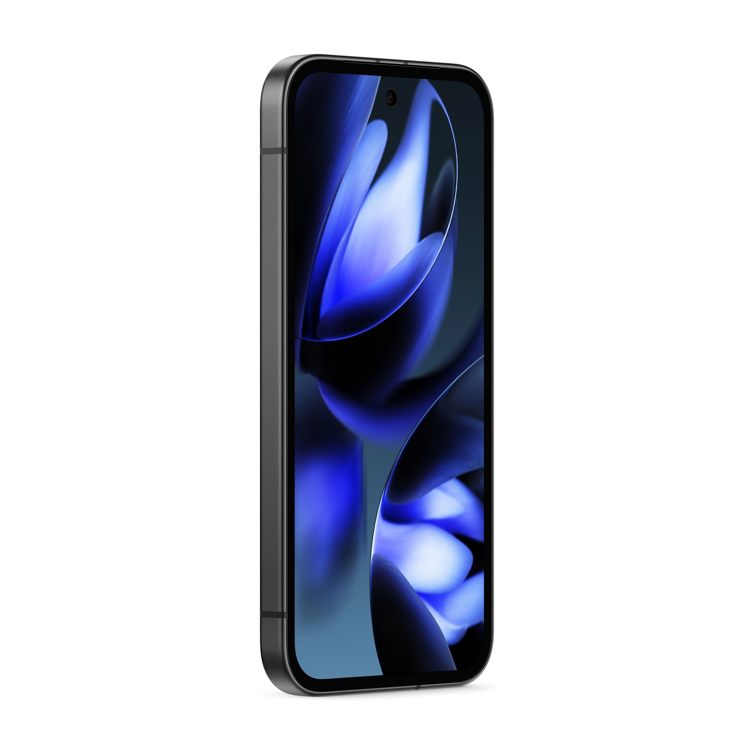 Uno smartphone nero è in posizione verticale. Lo schermo mostra un motivo a vortice blu e nero.