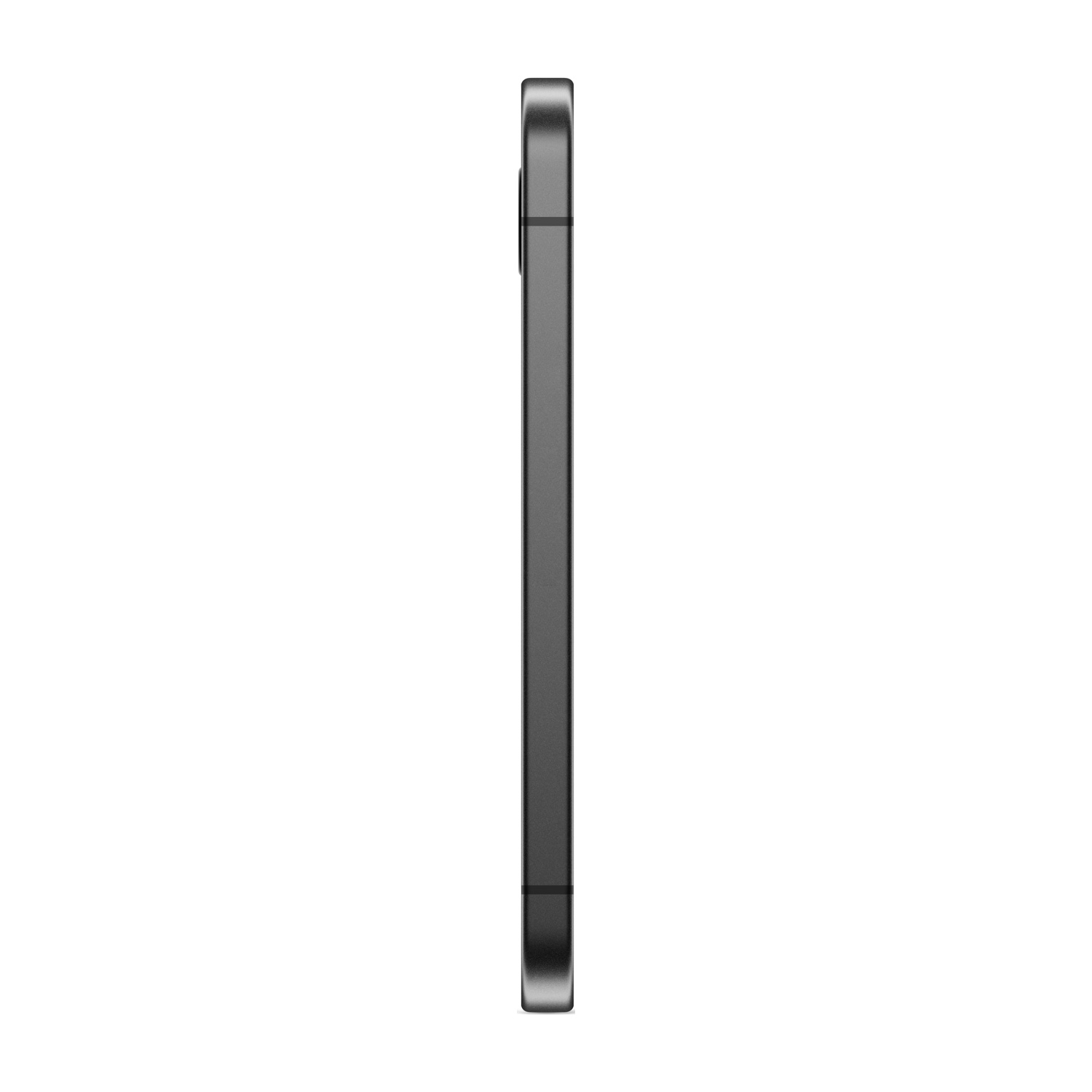 Un profilo laterale di uno smartphone nero, che mostra un design elegante e sottile su sfondo bianco.