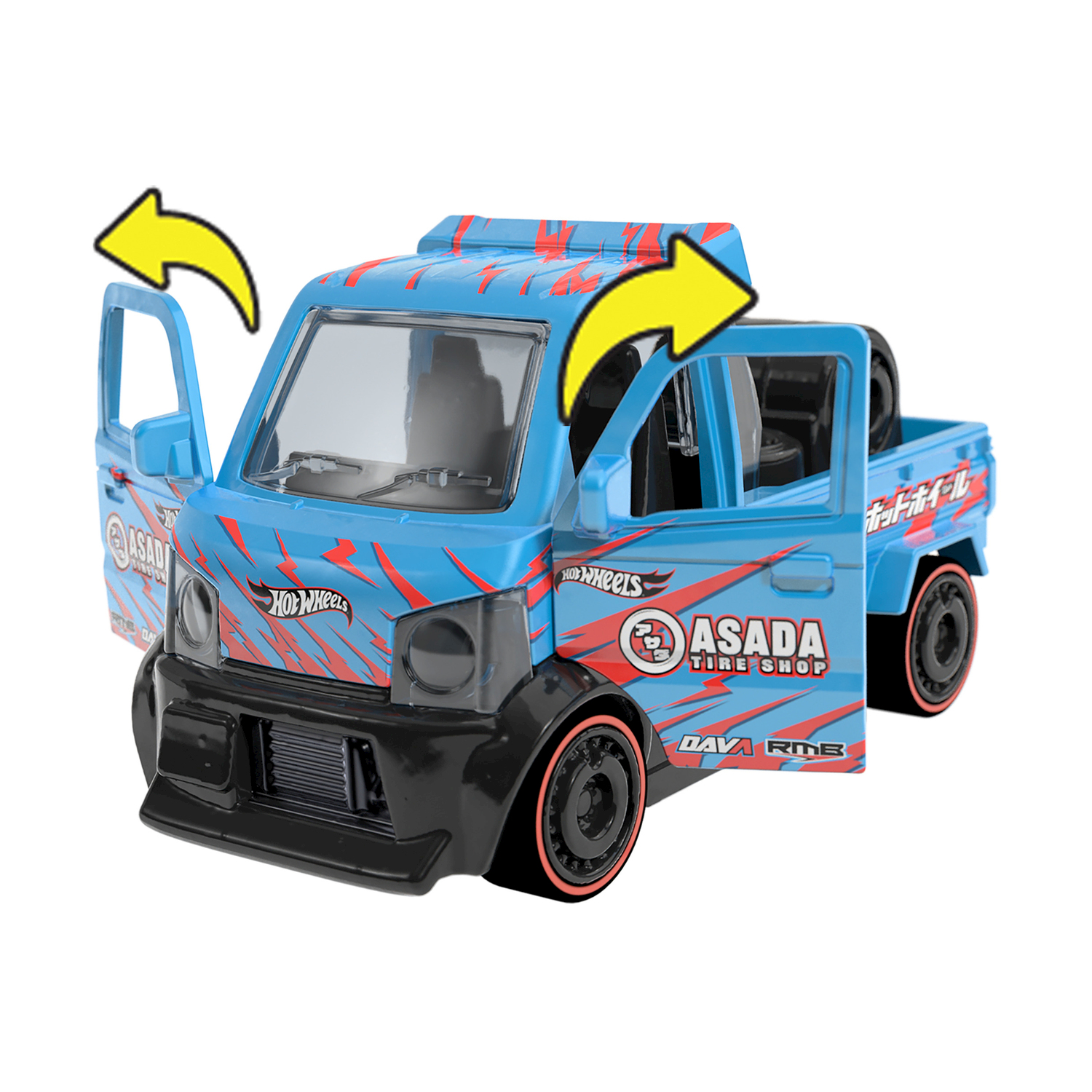 Camion giocattolo blu con grafica rossa, porte aperte con frecce. Dice Hot Wheels e Asada.