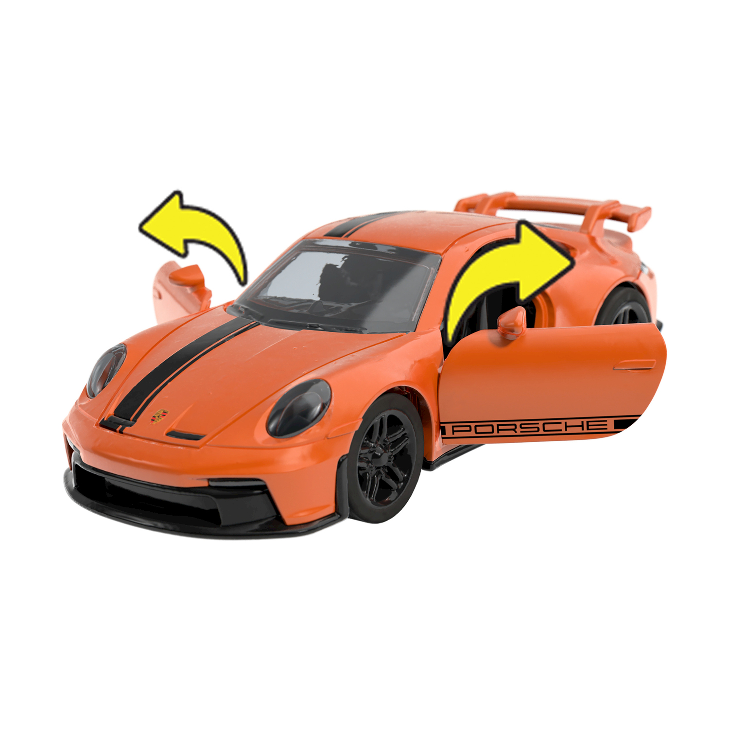 Porsche giocattolo arancione con porte aperte, frecce che puntano alle porte.