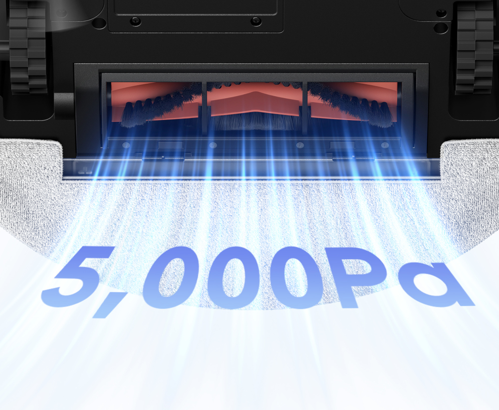 Close-up van een stofzuigerkop met 5.000Pa tekst. Blauw licht komt uit de kop.
