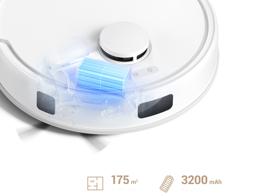 Een witte robotstofzuiger met een blauw filterelement.