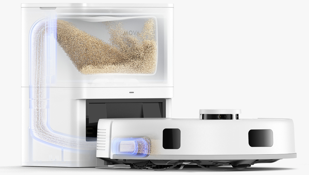 Een witte robotstofzuiger met een wit oplaadstation, dat laat zien hoe het werkt.