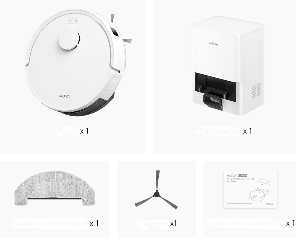 Witte robotstofzuiger, basisstation, dweilpad, zijborstel en gebruikershandleiding worden getoond.