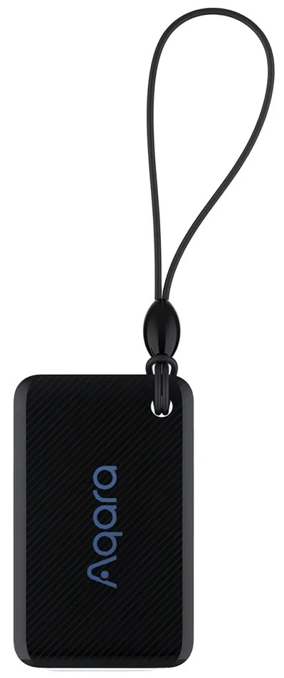 Czarny brelok Aqara z czarnym paskiem. Logo Aqara jest niebieskie.