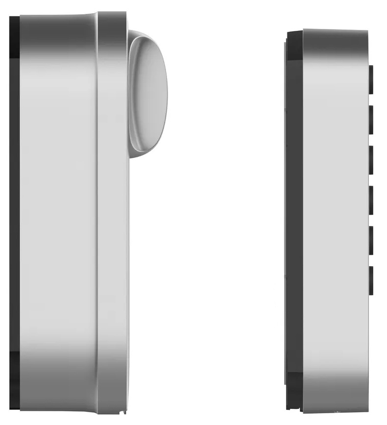 Dwa obok siebie inteligentne zamki do drzwi. Jeden z klawiaturą, a drugi z przyciskiem.