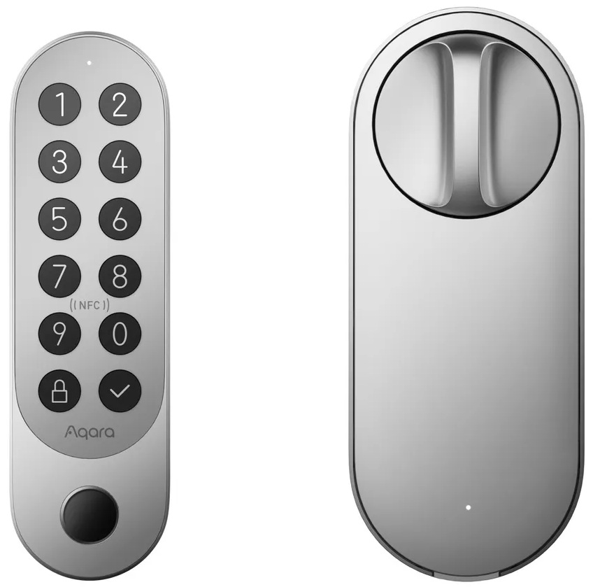 Srebrna klawiatura i uchwyt do inteligentnego zamka. Numery 1-9, zero i haczyk.