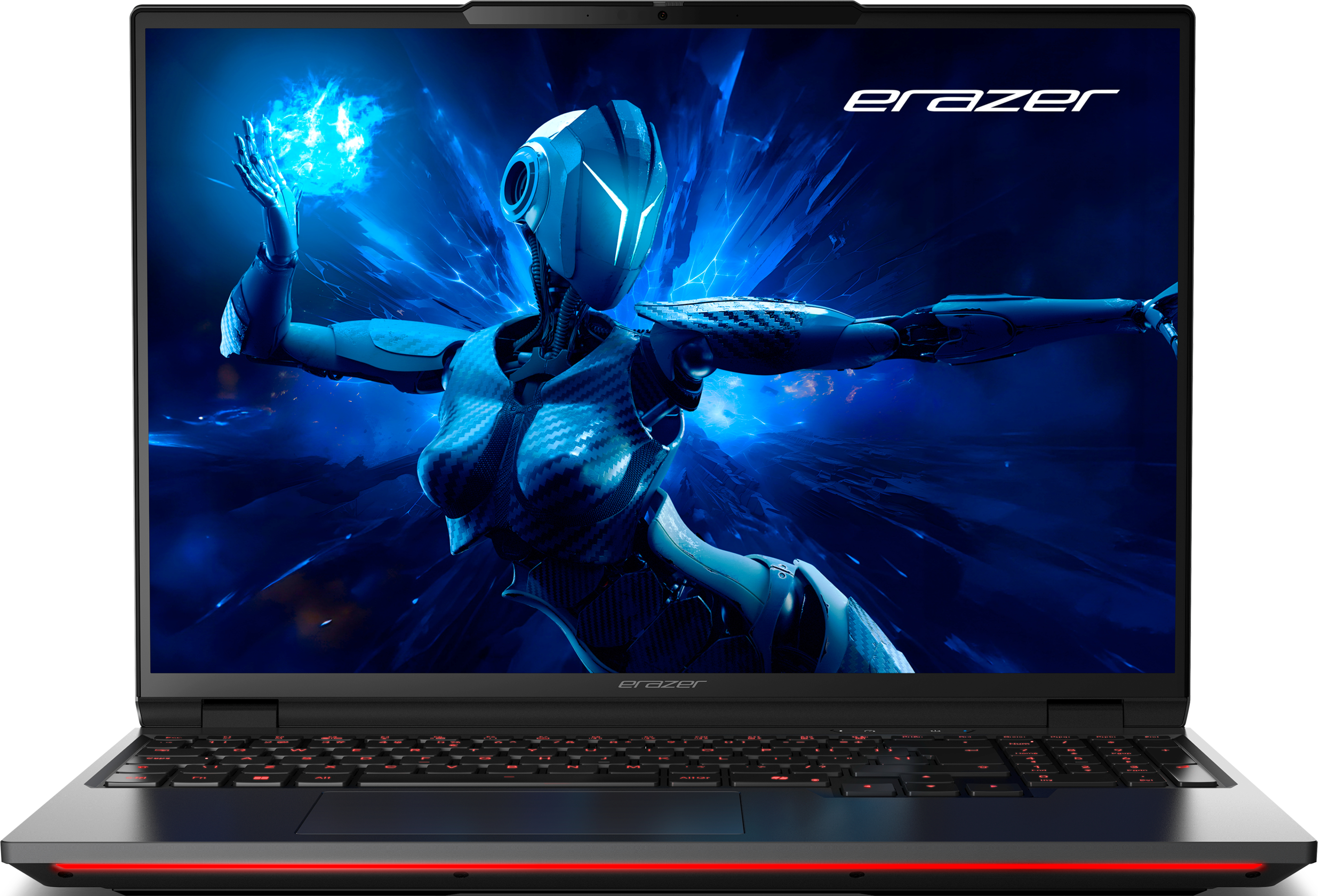 Laptop con design robot sullo schermo. Ha una striscia rossa nella parte inferiore.