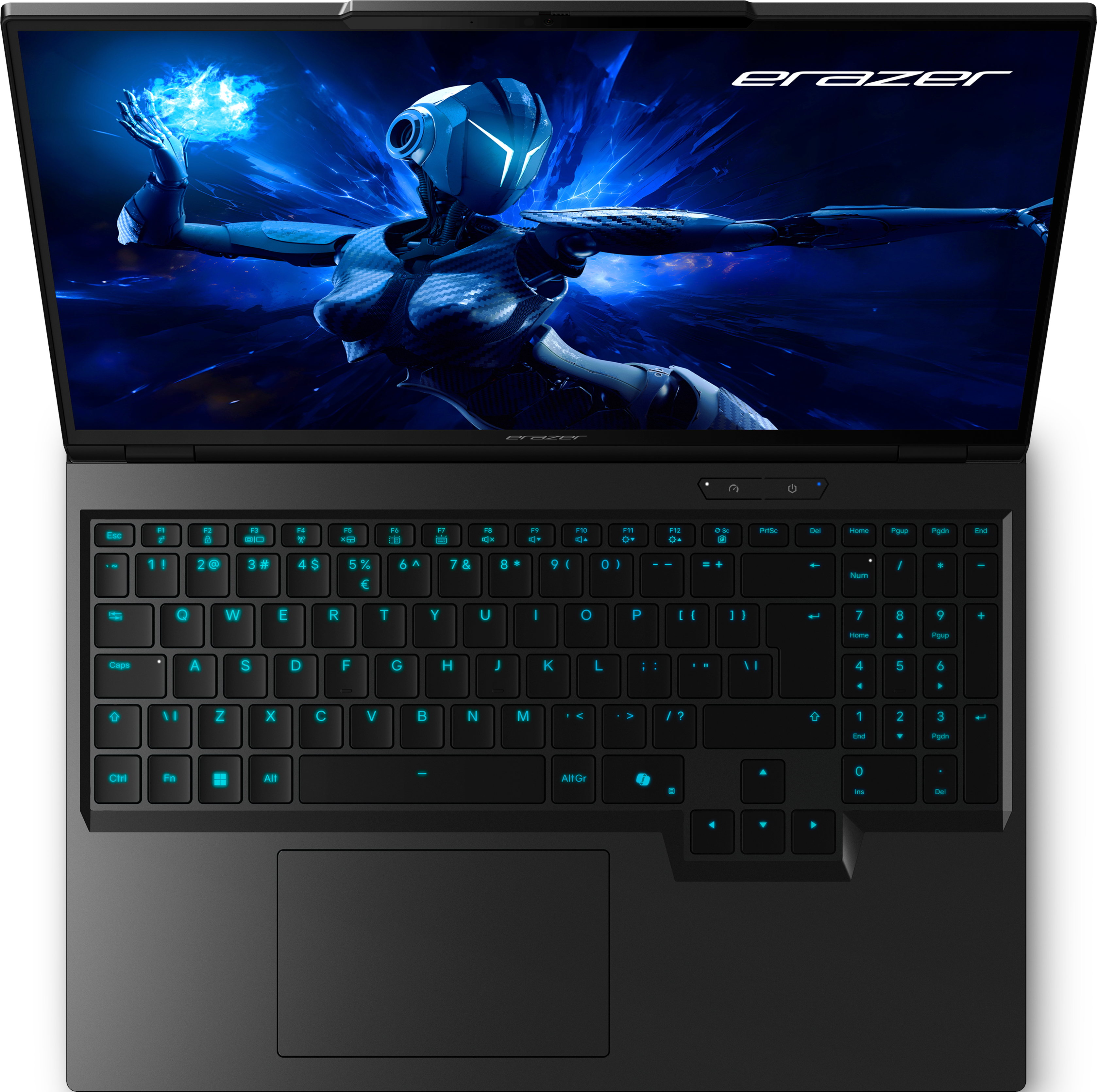 Una vista dall'alto di un laptop nero con schermo illuminato.