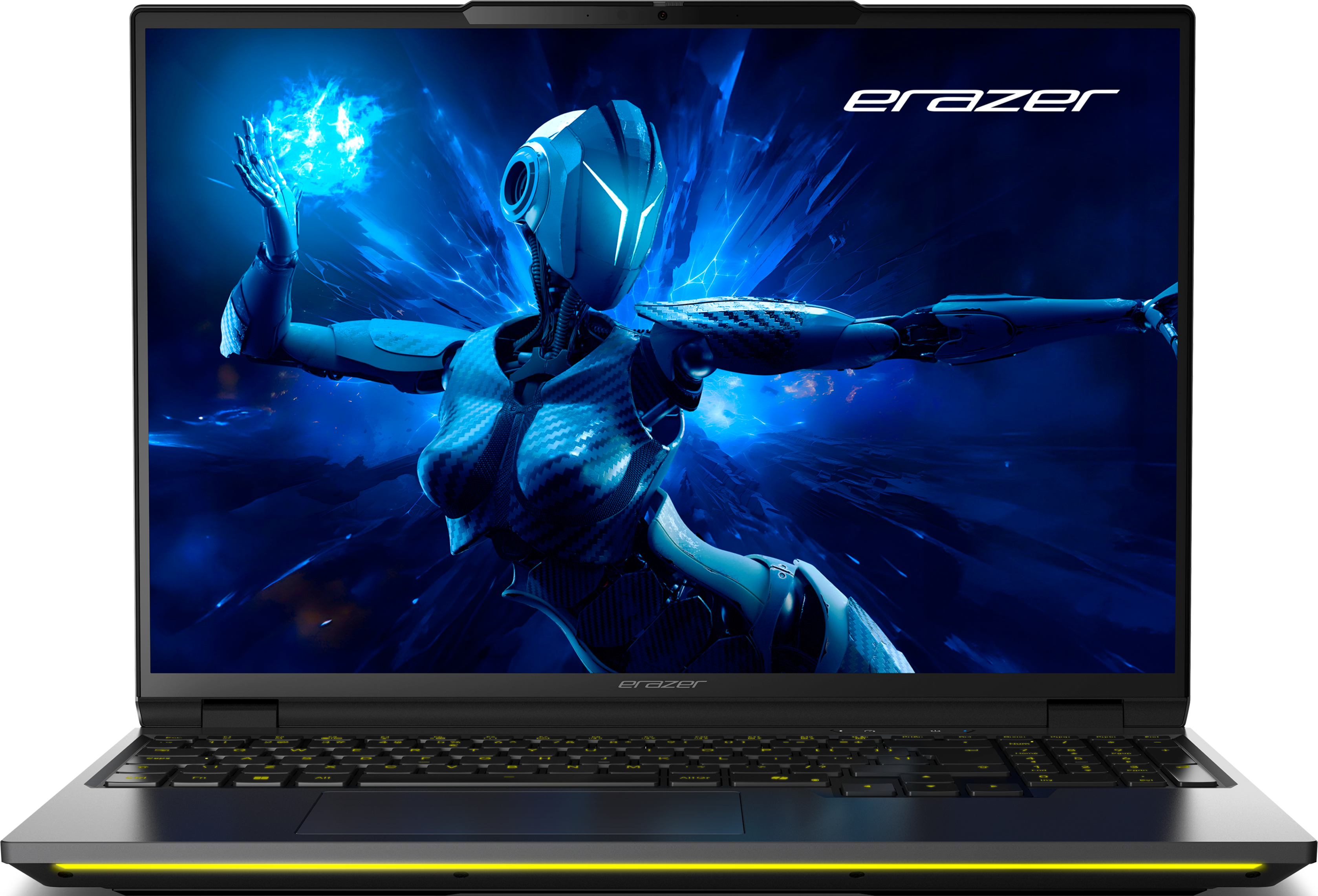 Un laptop dal design futuristico, con una donna in un mondo digitale blu sullo schermo.