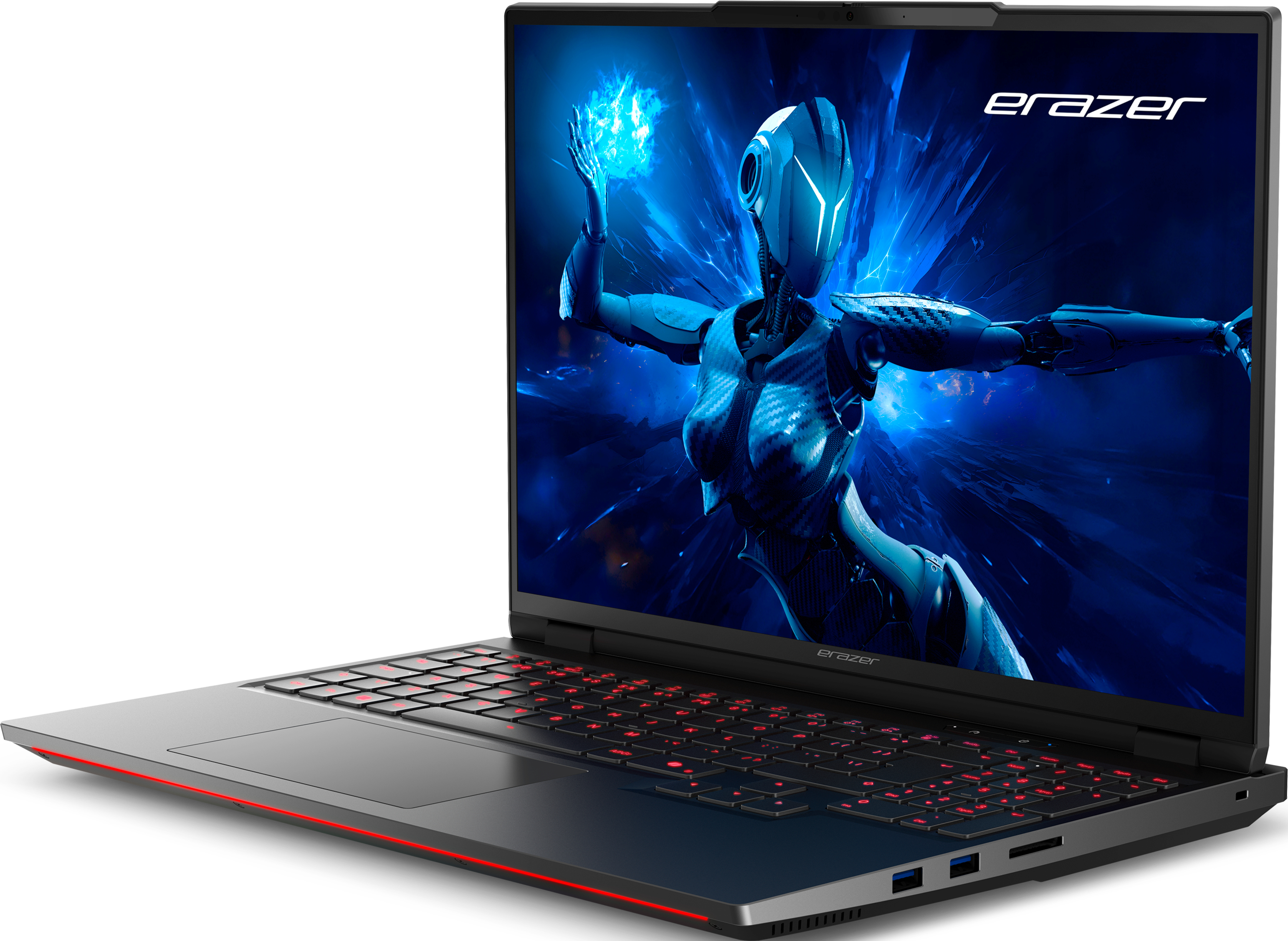 Ordinateur portable de jeu avec image de robot, clavier rouge et corps noir.