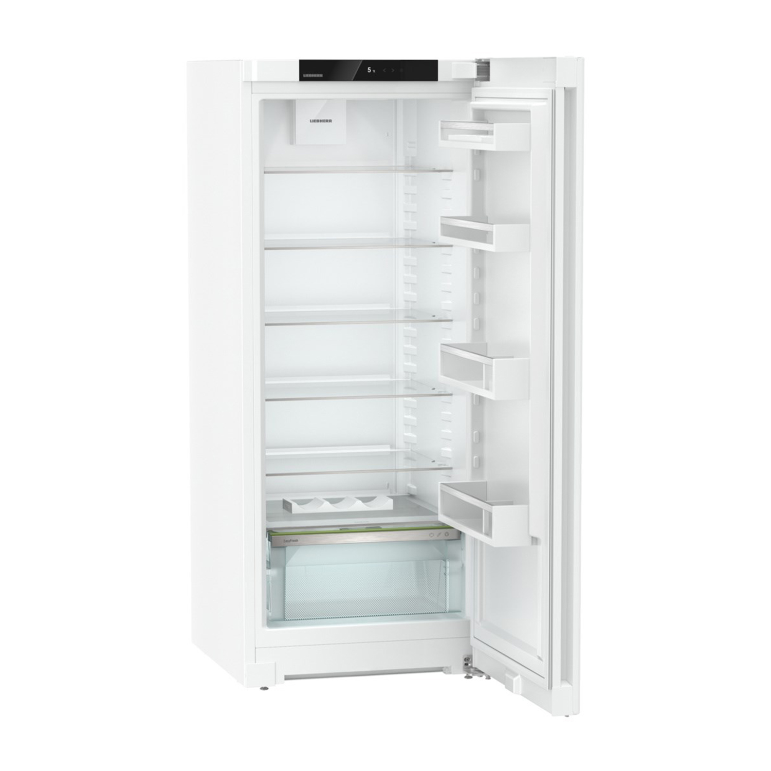 Frigorifero bianco con la porta aperta. Ripiani in vetro e vari scomparti visibili.