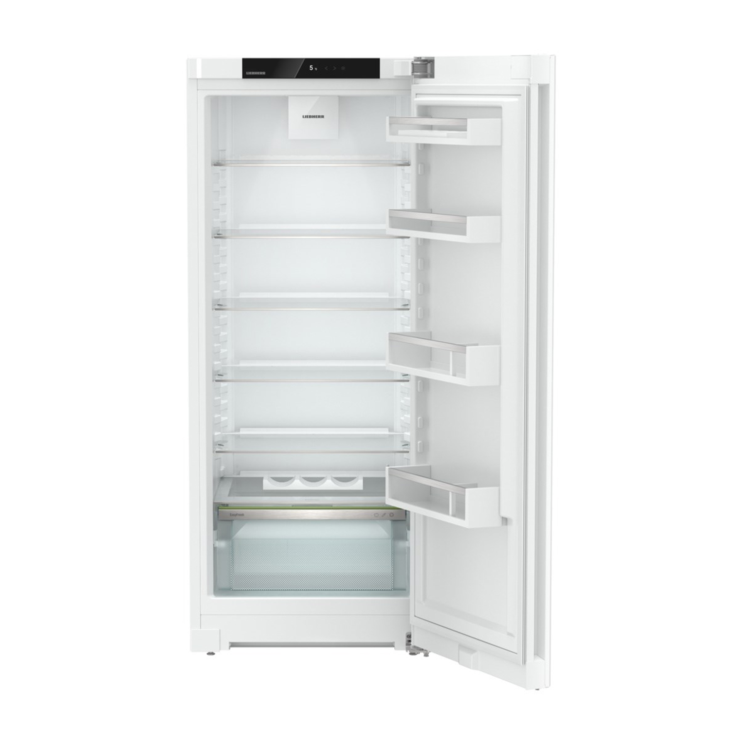Un frigorifero bianco con la porta aperta. All'interno ci sono ripiani, cassetti e un bicchiere di cibo.