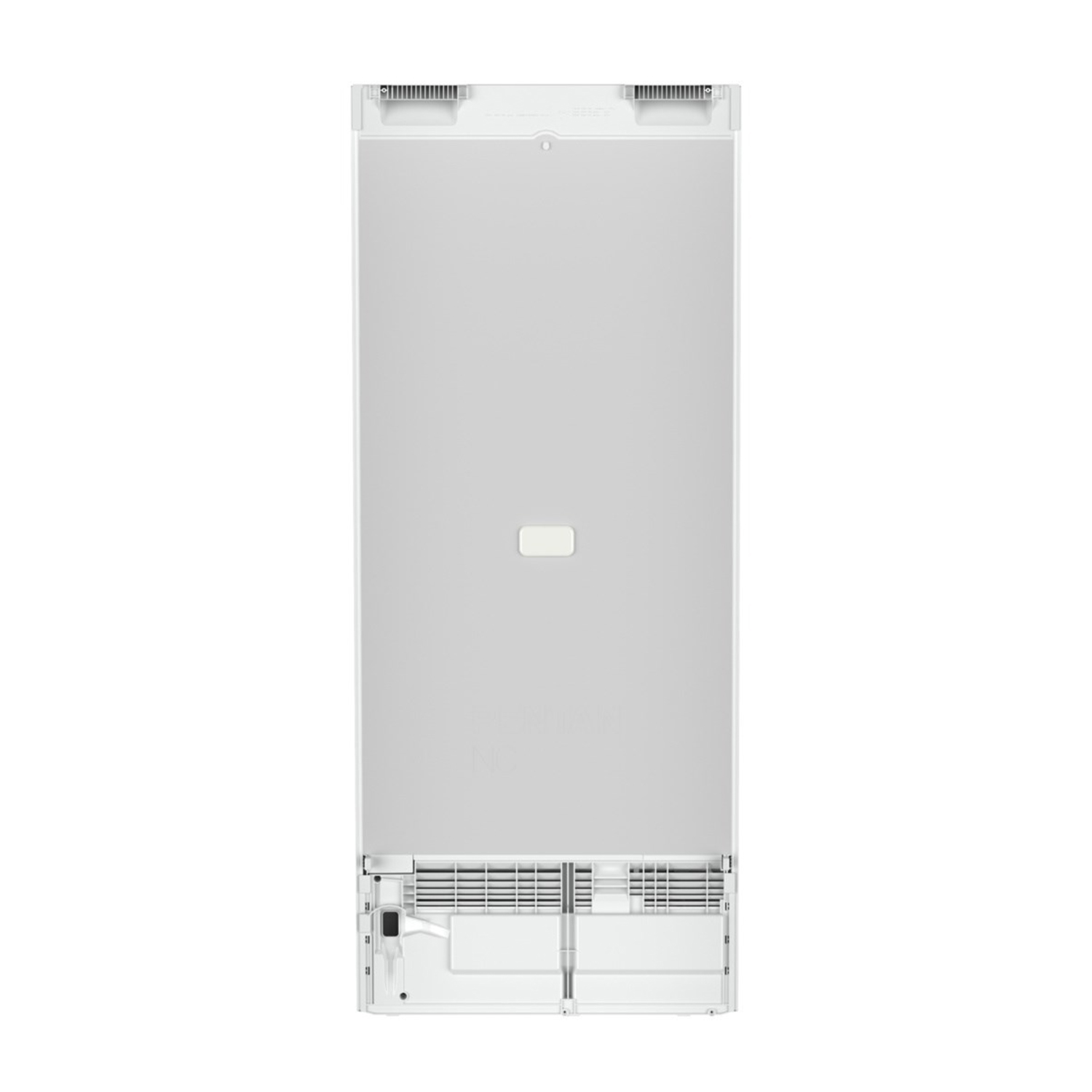 Il retro di un frigorifero bianco su sfondo bianco.