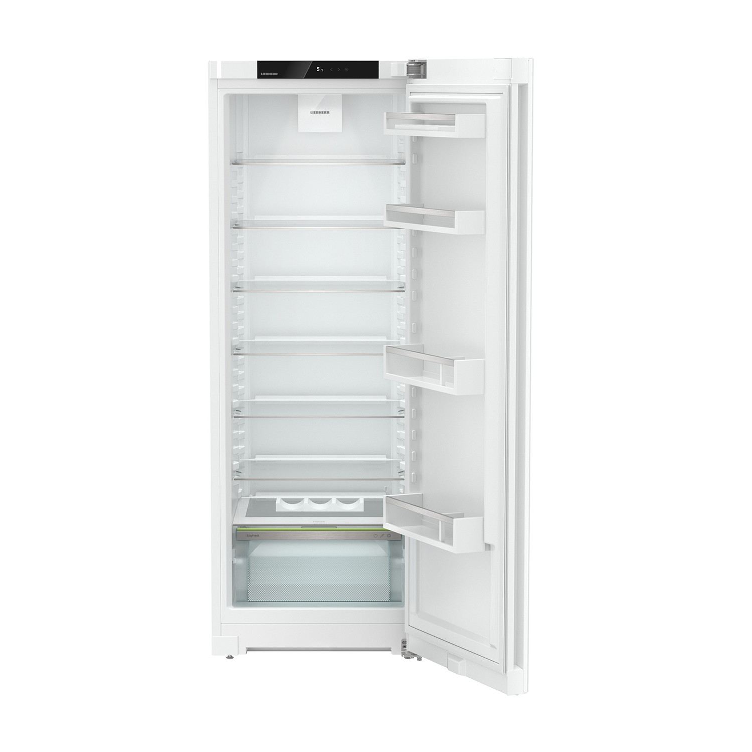 Frigorifero bianco con porta aperta, mostra ripiani e scomparti.