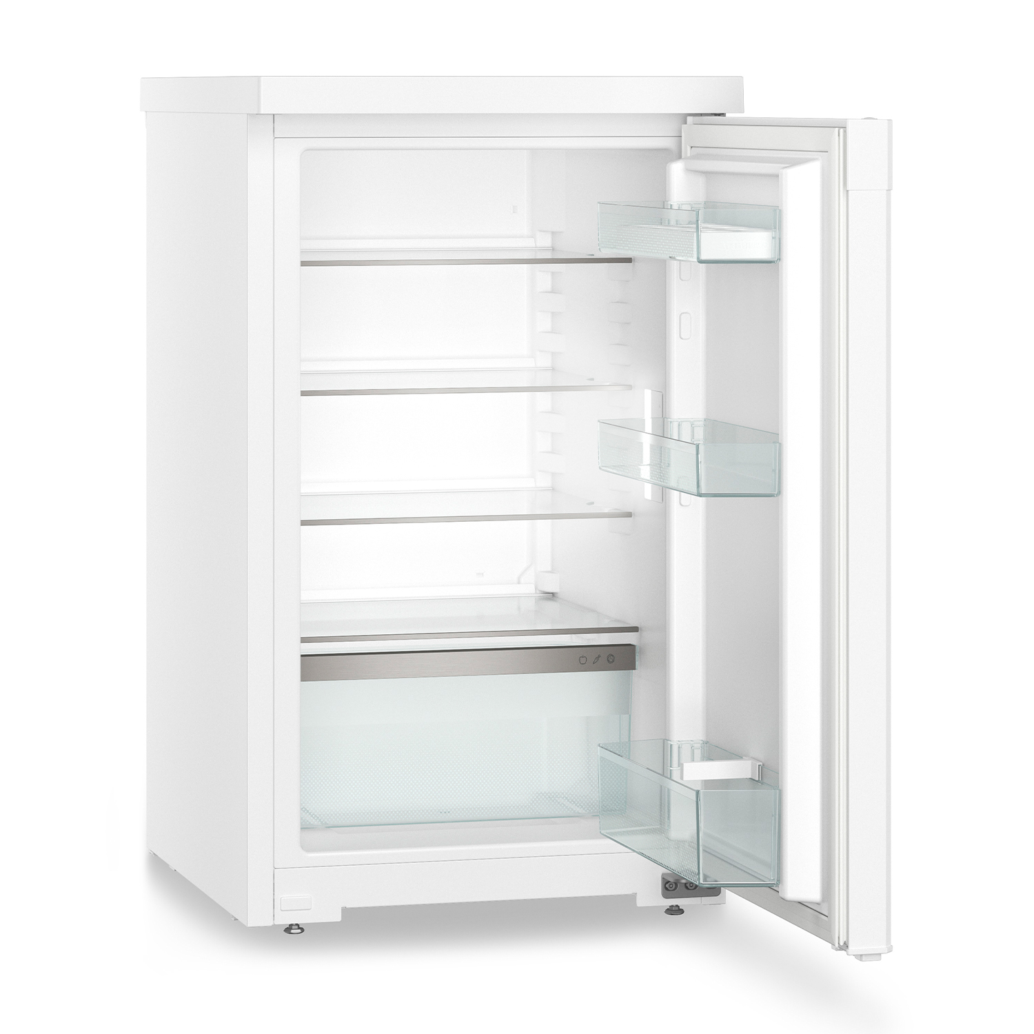 Un frigorifero bianco con la porta aperta. Ha ripiani in vetro e un cassetto per verdure.