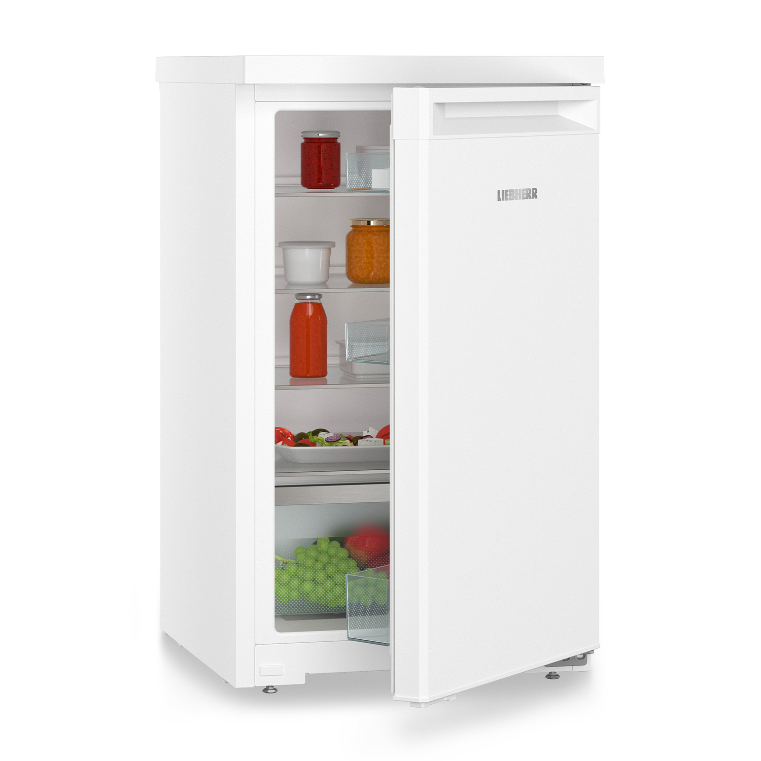 Frigorifero bianco con la porta aperta, che mostra ripiani con cibo all'interno.