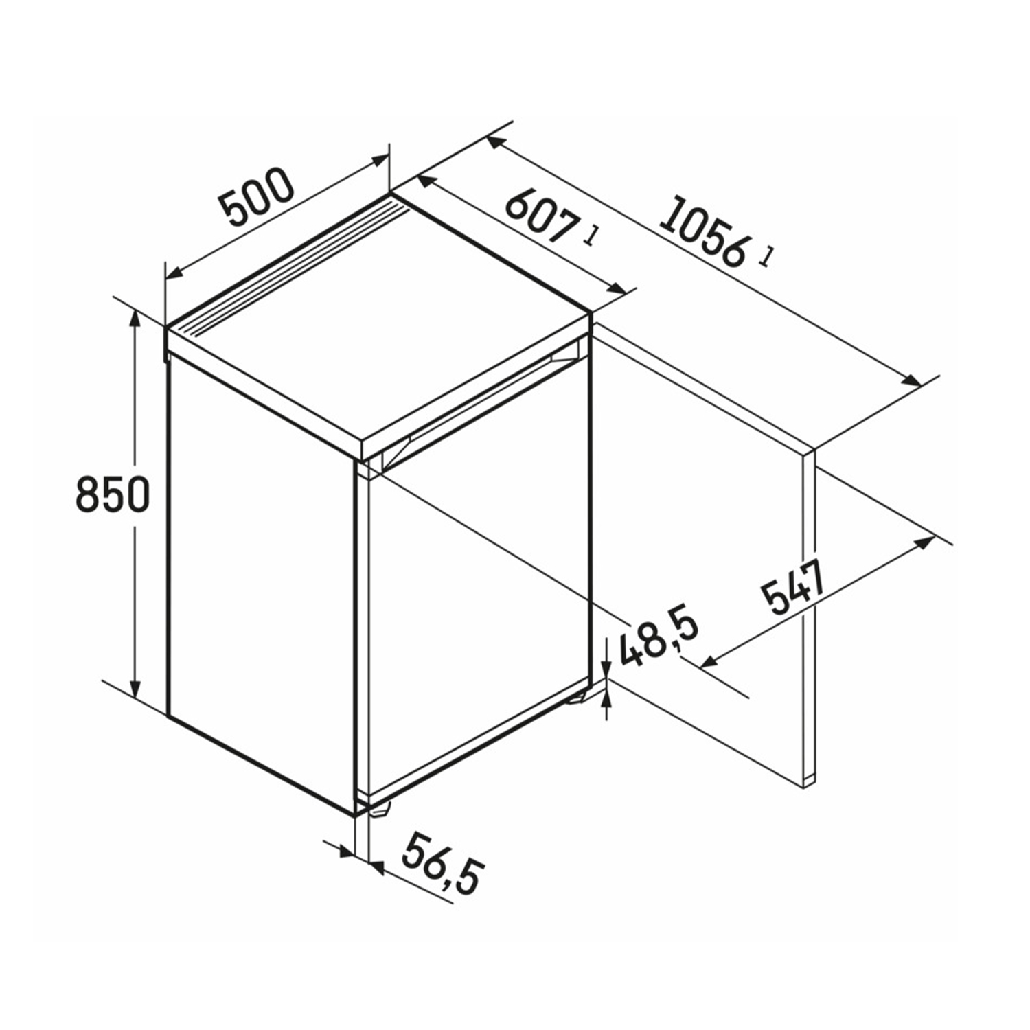 Disegno tecnico di un frigorifero con dimensioni in mm, con la porta aperta verso destra.