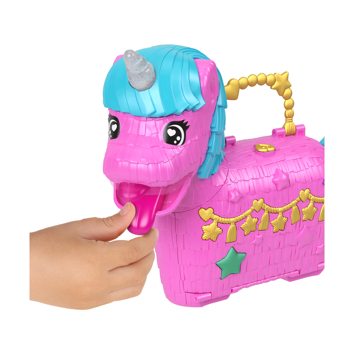 Mano di bambino che interagisce con un giocattolo unicorno rosa, tirando la lingua.