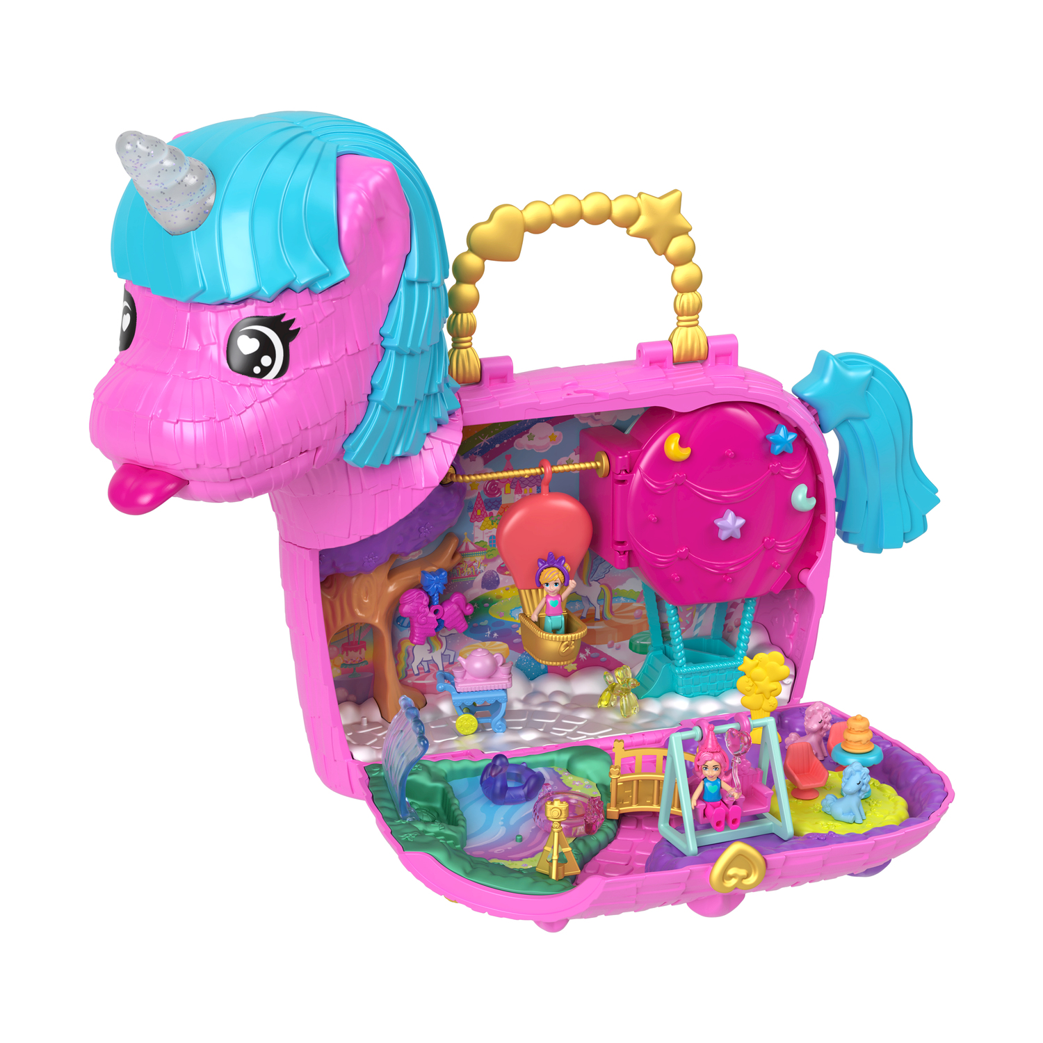 Un playset a forma di unicorno rosa con figure e accessori in miniatura all'interno.