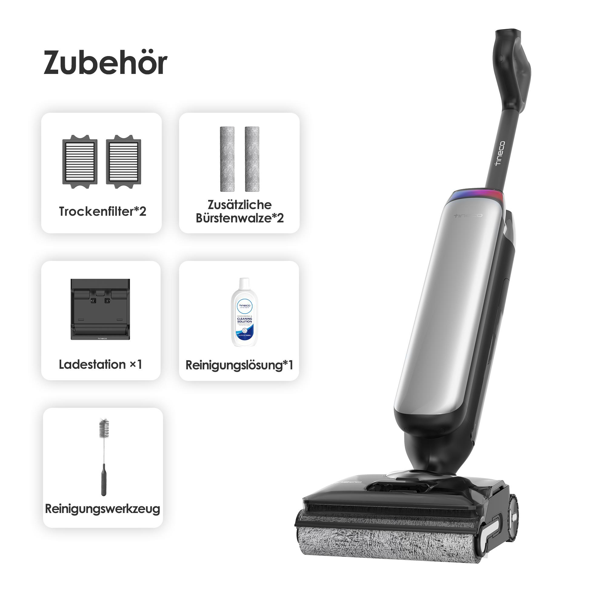 Staubsauger mit Zubehör. Gezeigt werden Filter, Bürsten, Ladestation und Reinigungslösung.