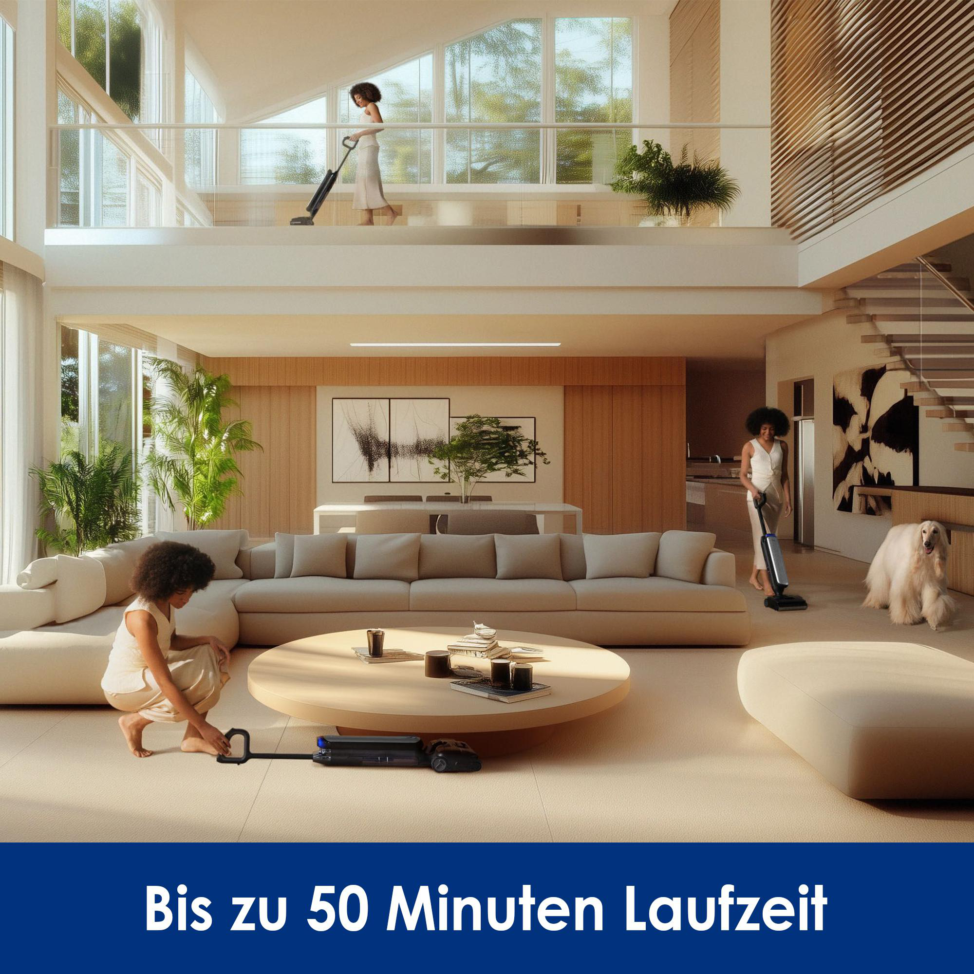 Eine Frau saugt ein Haus mit einem modernen Staubsauger. Text: Bis zu 50 Minuten Laufzeit.