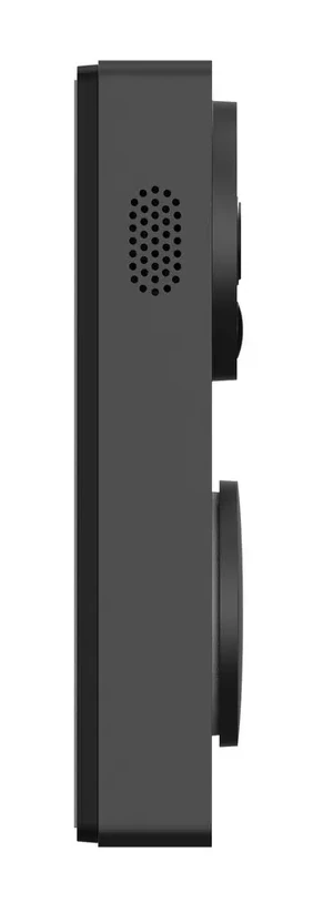 Widok z boku czarnego dzwonka z dwoma okrągłymi obiektywami kamery i głośnikiem.