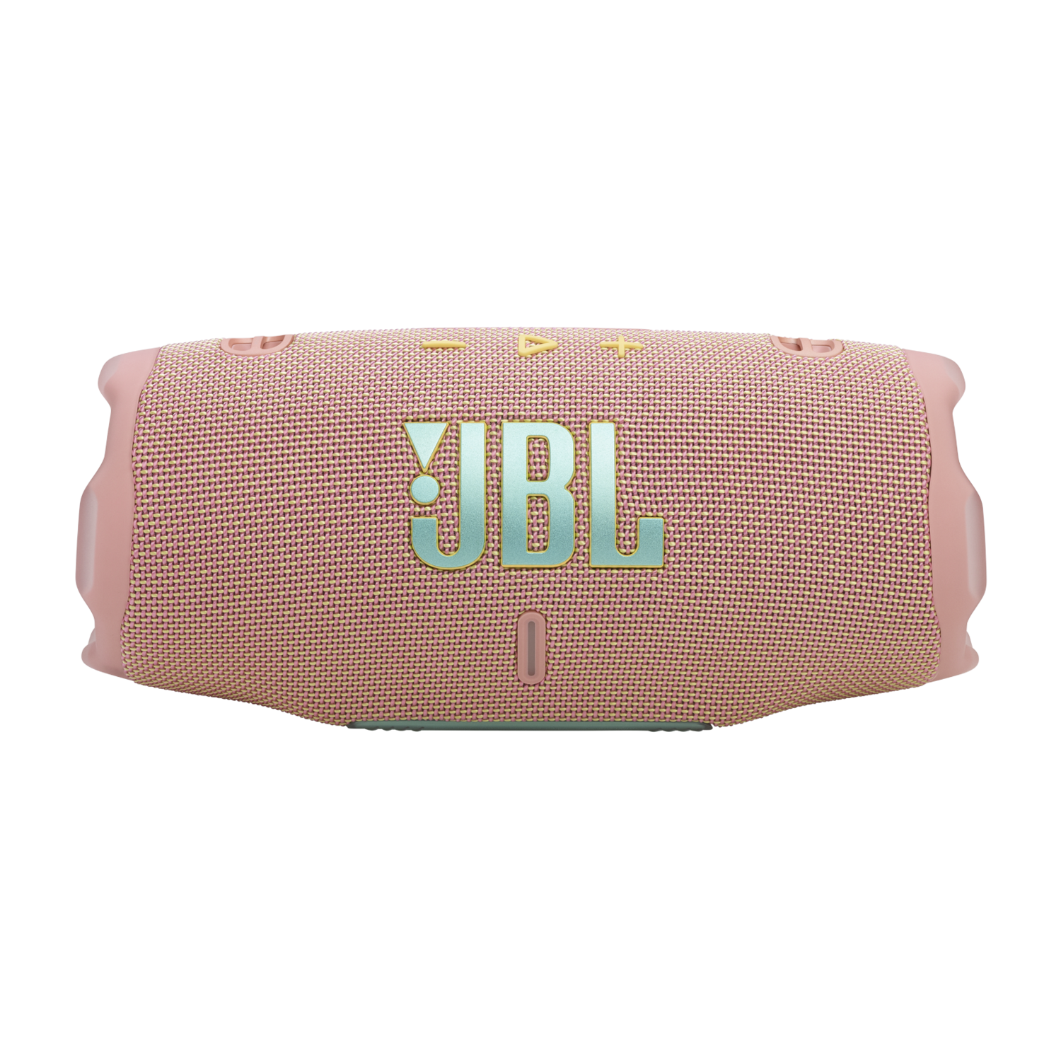 JBL Charge 5 speaker, pink, with the JBL logo in teal. Angled view, black background.