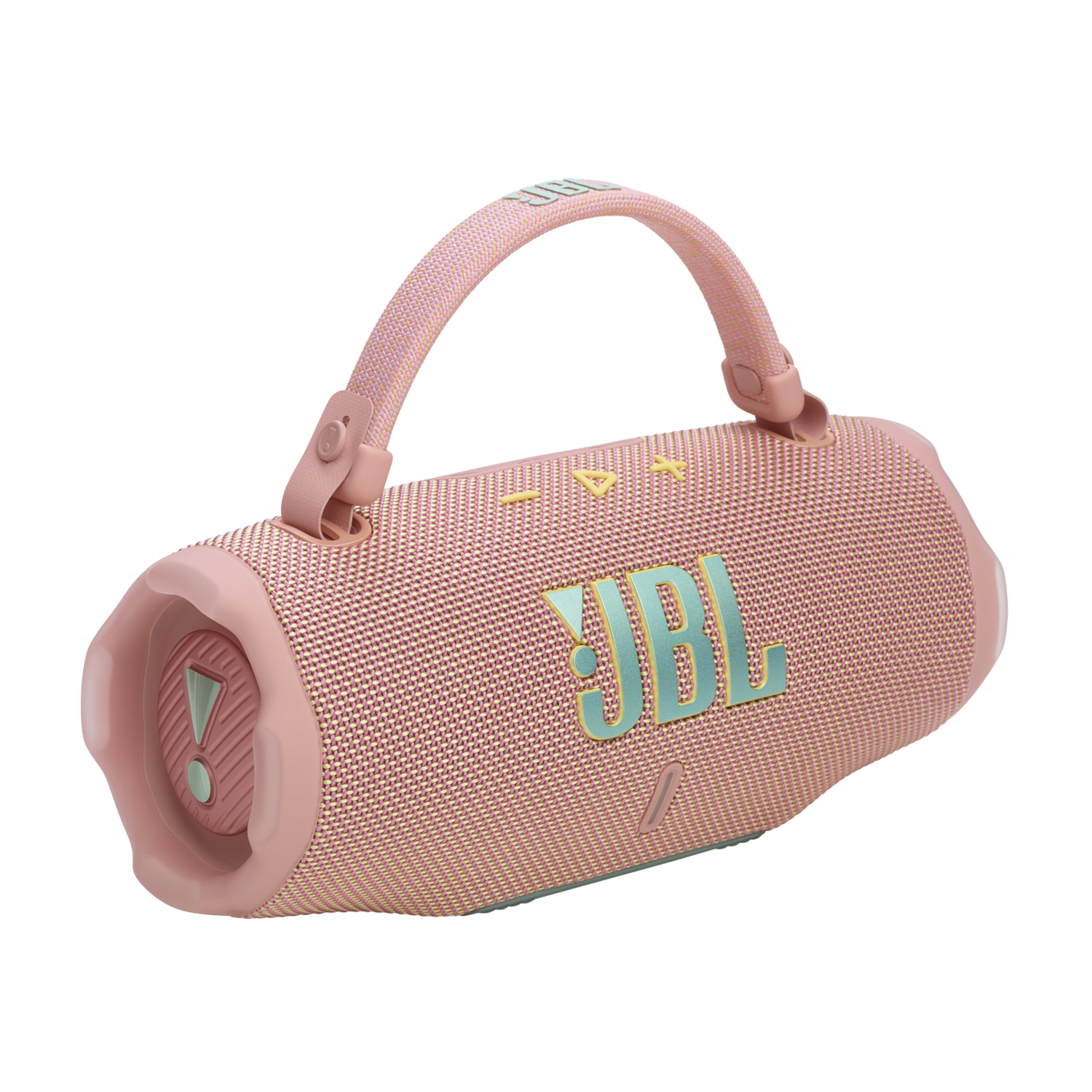 Pink JBL speaker with a handle. It's a cylindrical shape with the JBL logo in blue.