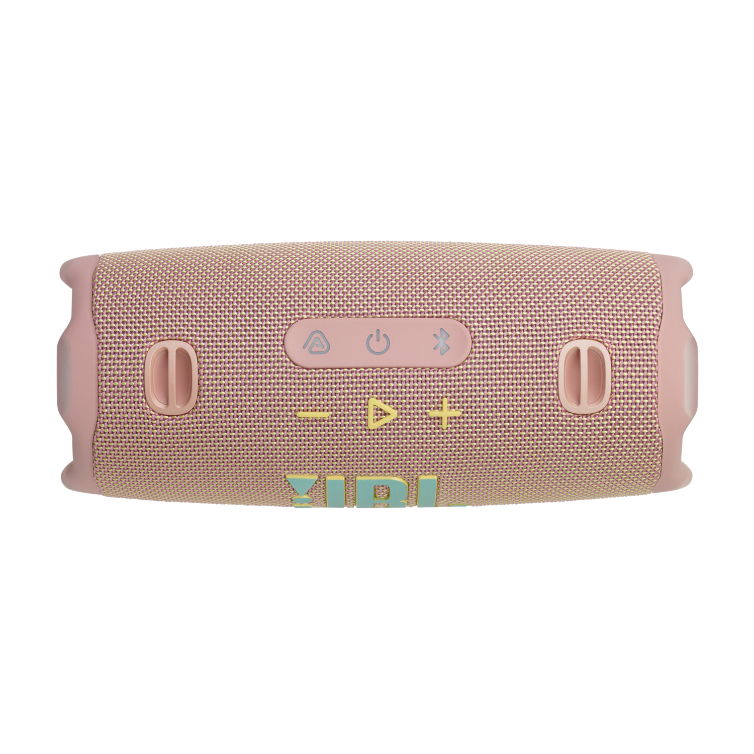 A pink JBL speaker with control buttons, seen from above.