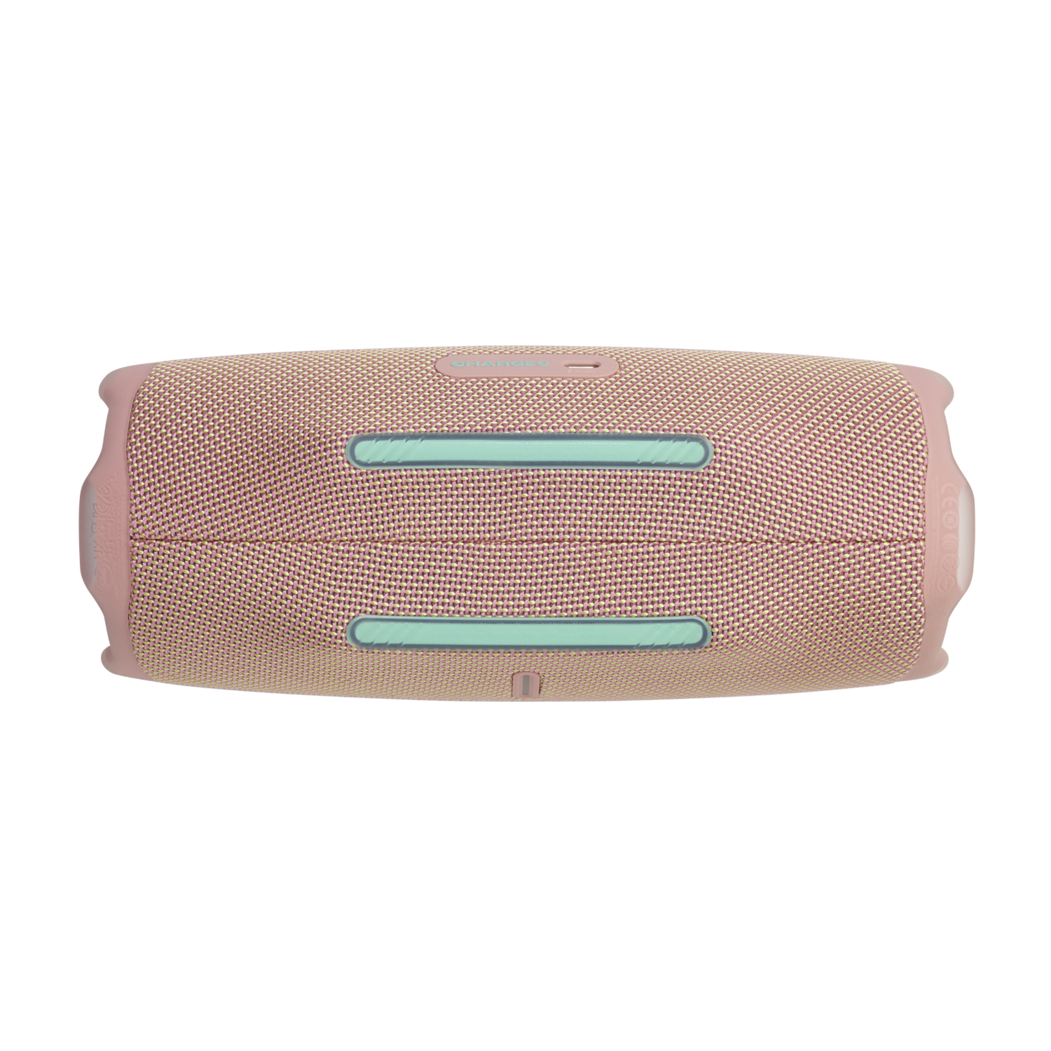Pink JBL Charge speaker seen from above, with the ports in turquoise.