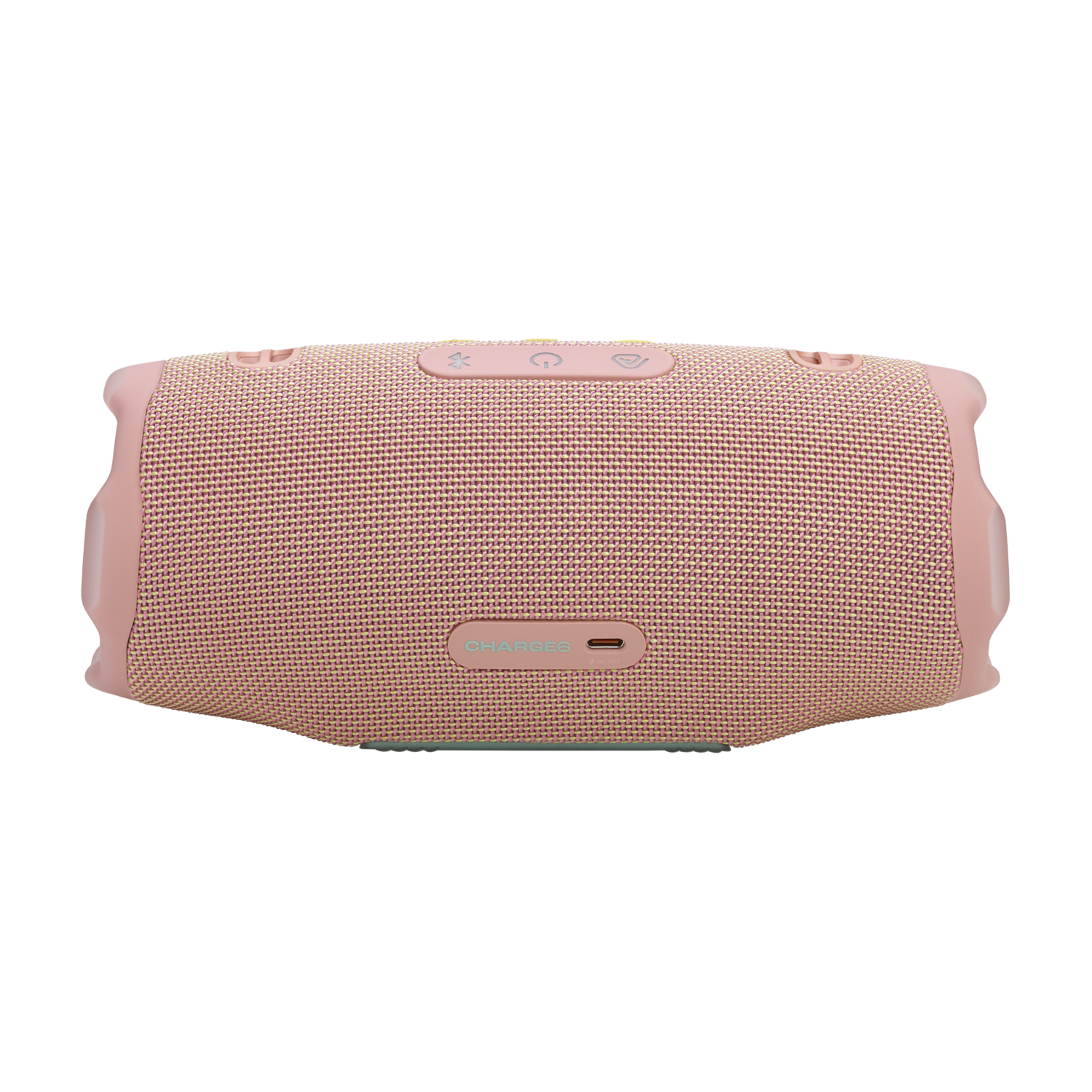 Pink cylindrical speaker with buttons and a charging port on a black background.