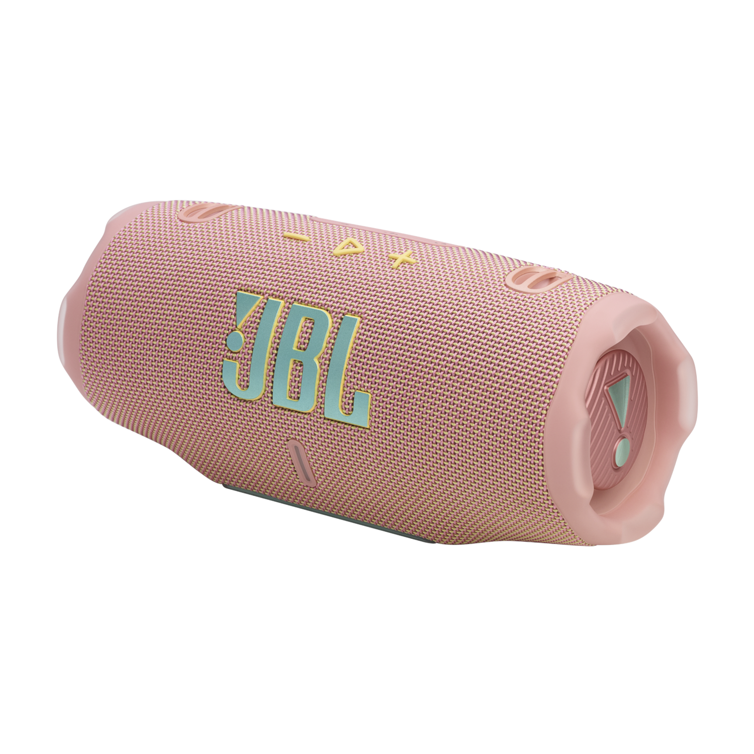 A pink JBL speaker with blue JBL logo, on a black background. It's a cylindrical shape.