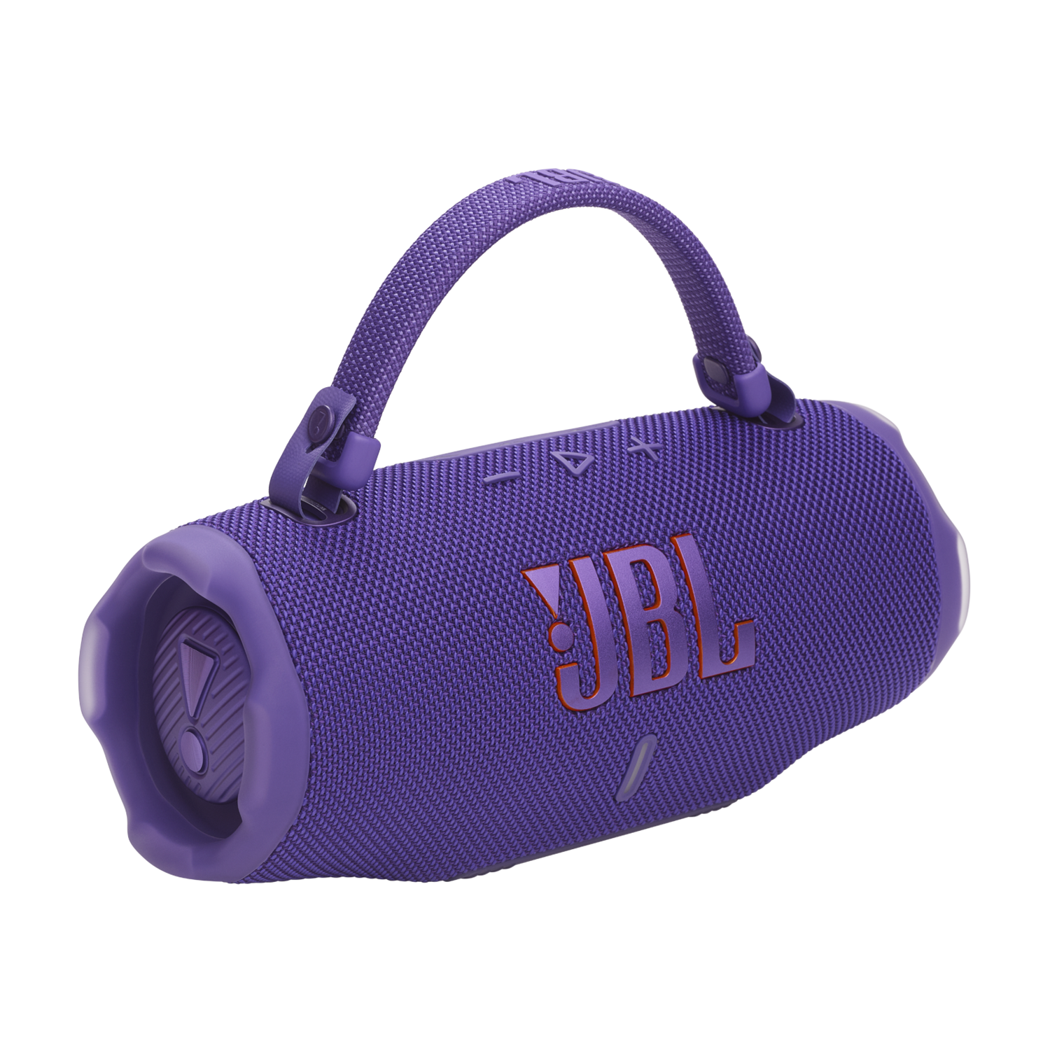 A purple JBL speaker with a handle, the JBL logo is visible.