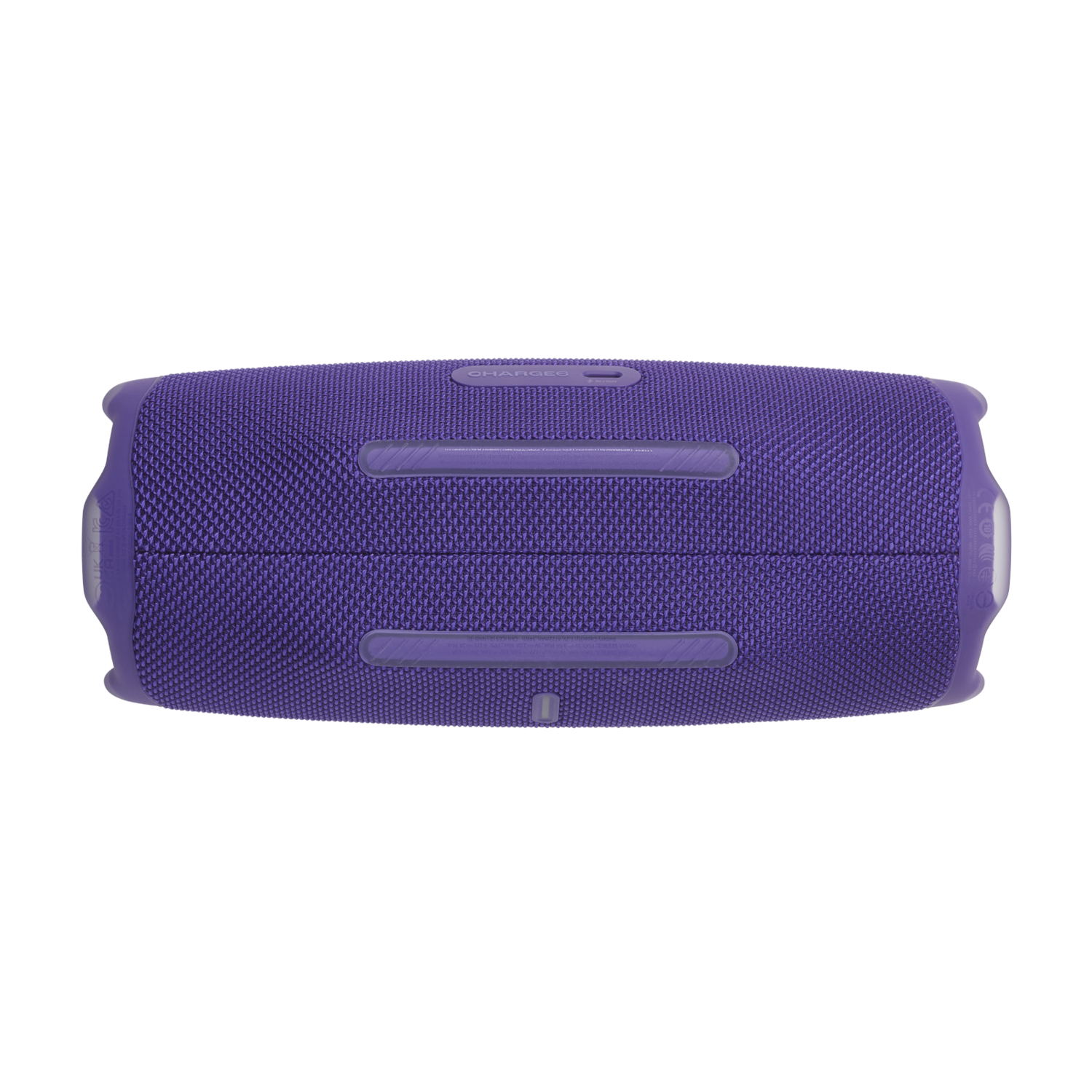 Purple speaker, top view, with purple accents.  Horizontal shape.