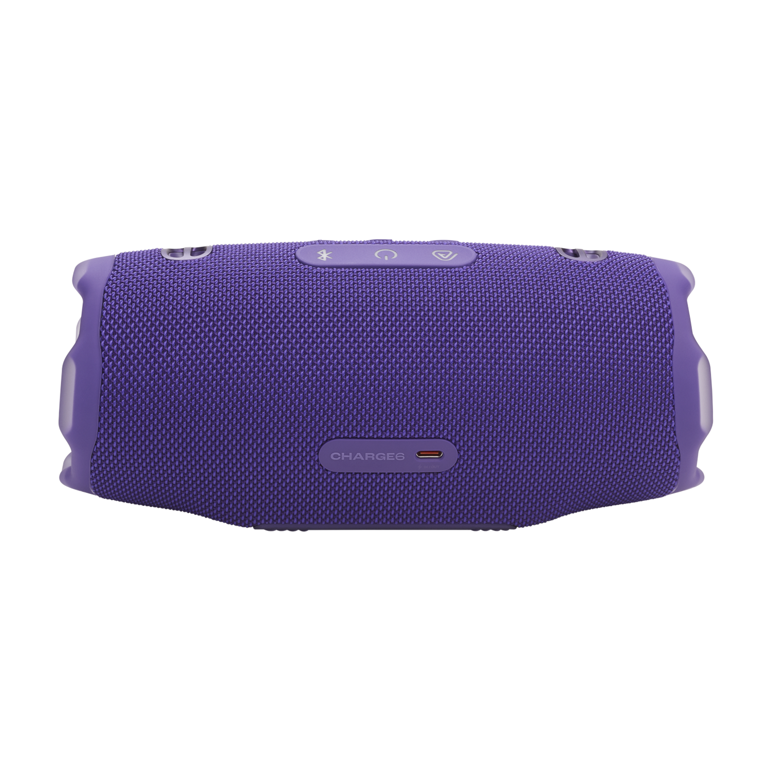 Purple wireless speaker with buttons, on a black background.