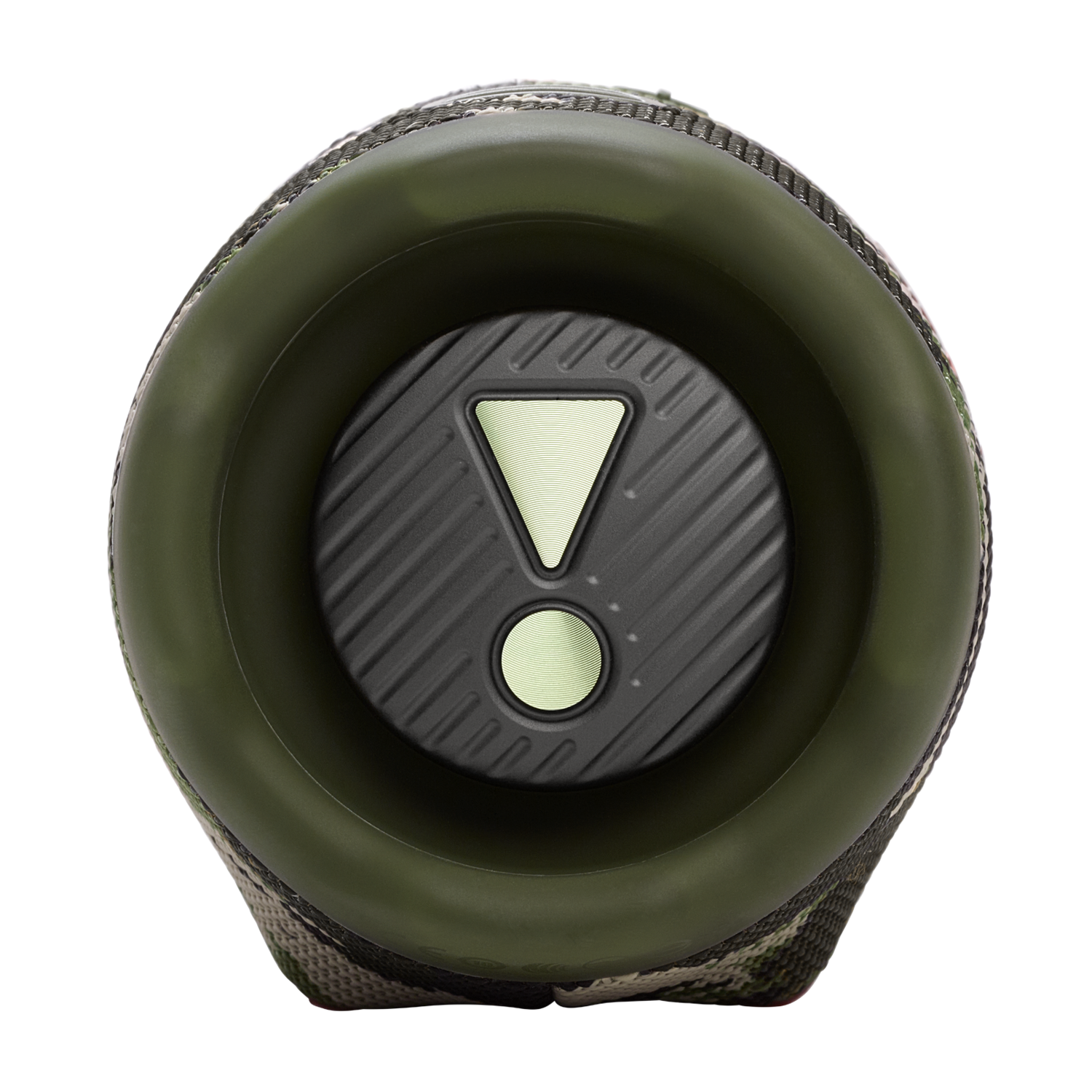 Grüner und Camouflage JBL-Lautsprecher. Das JBL-Logo und die Tasten sind auf der Vorderseite. Zylindrisch.