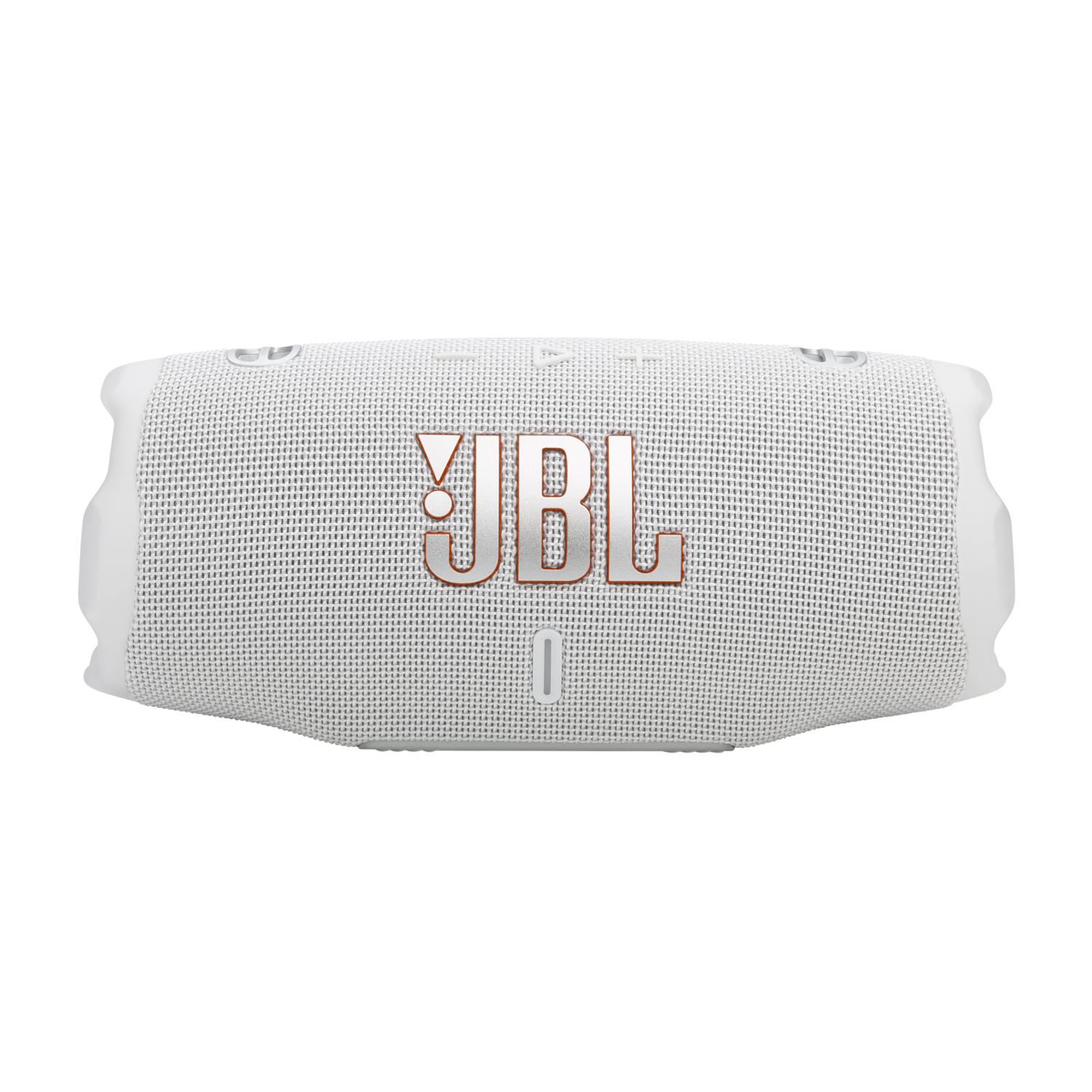 Ein weißer JBL-Lautsprecher mit orangefarbenem JBL-Logo. Es ist ein zylindrisches Design.