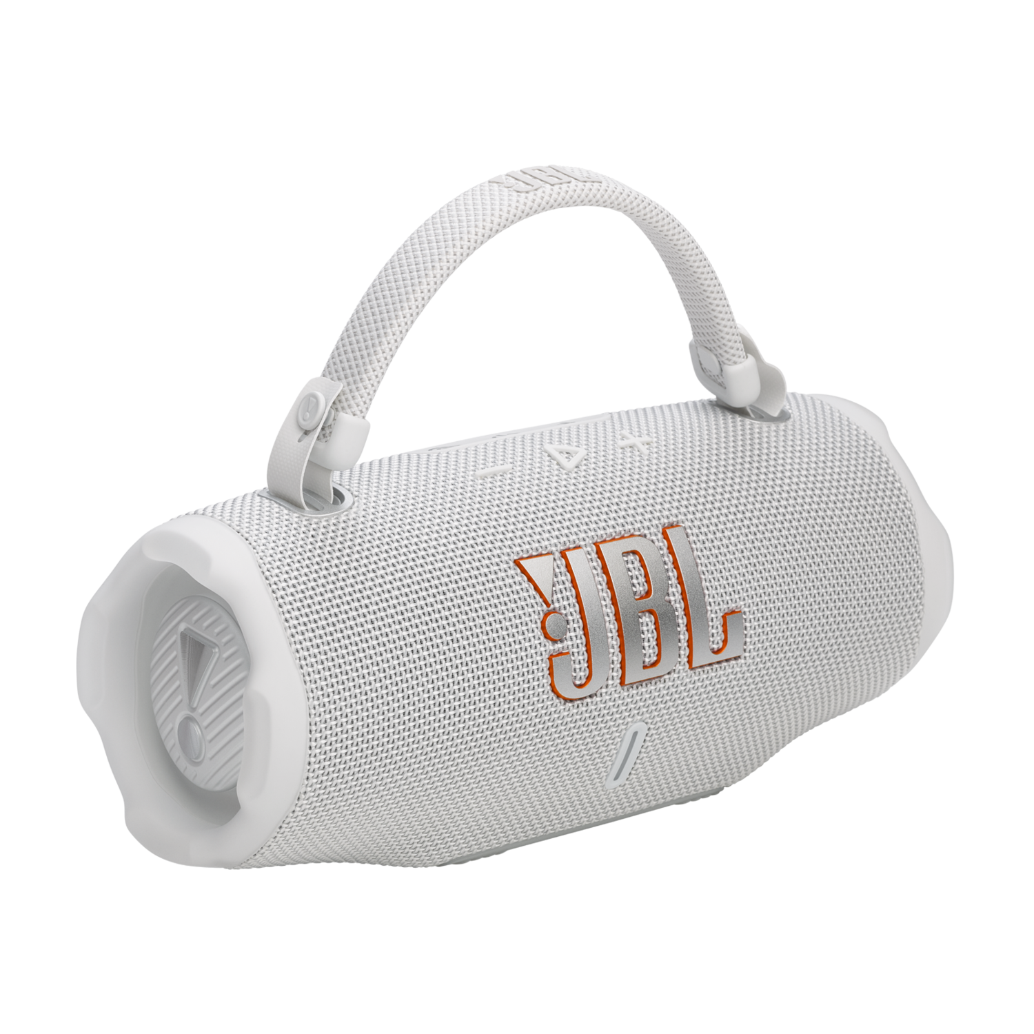 Weißer JBL-Lautsprecher mit Griff. Das JBL-Logo ist orange, und Knöpfe sind sichtbar.