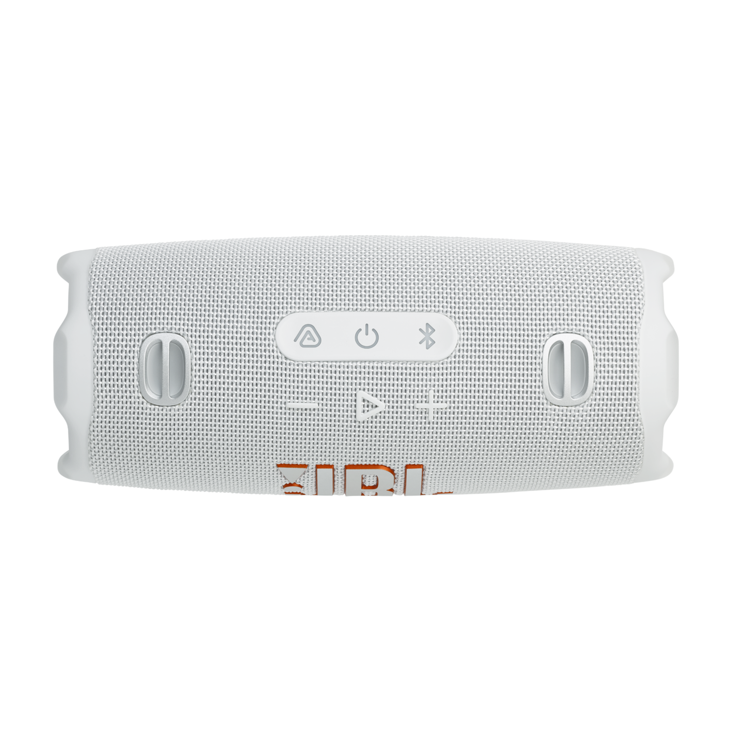 Weißer JBL-Lautsprecher, mit Tasten oben, JBL-Logo in Orange auf der Vorderseite.