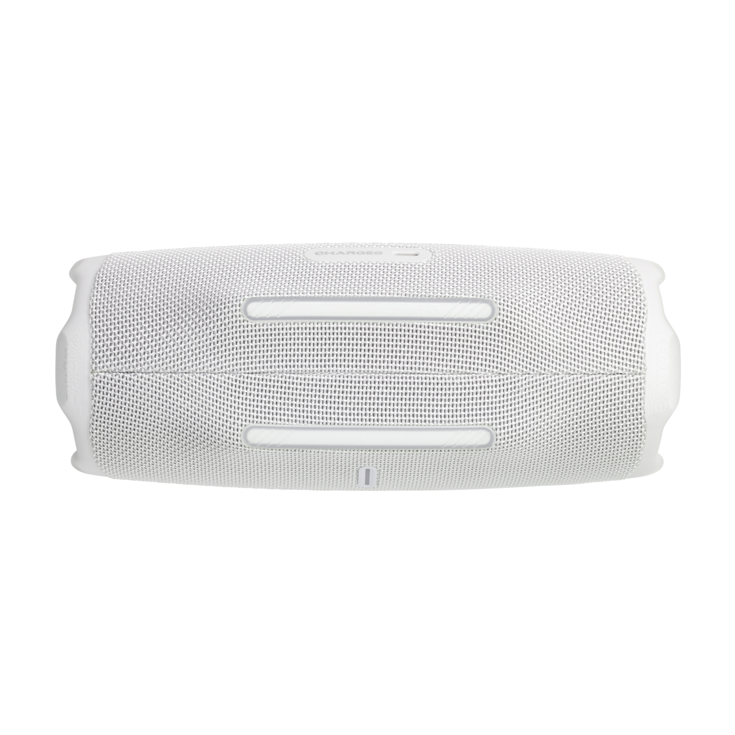 Ein weißer JBL-Lautsprecher von unten gesehen, mit zwei Lichtstreifen.