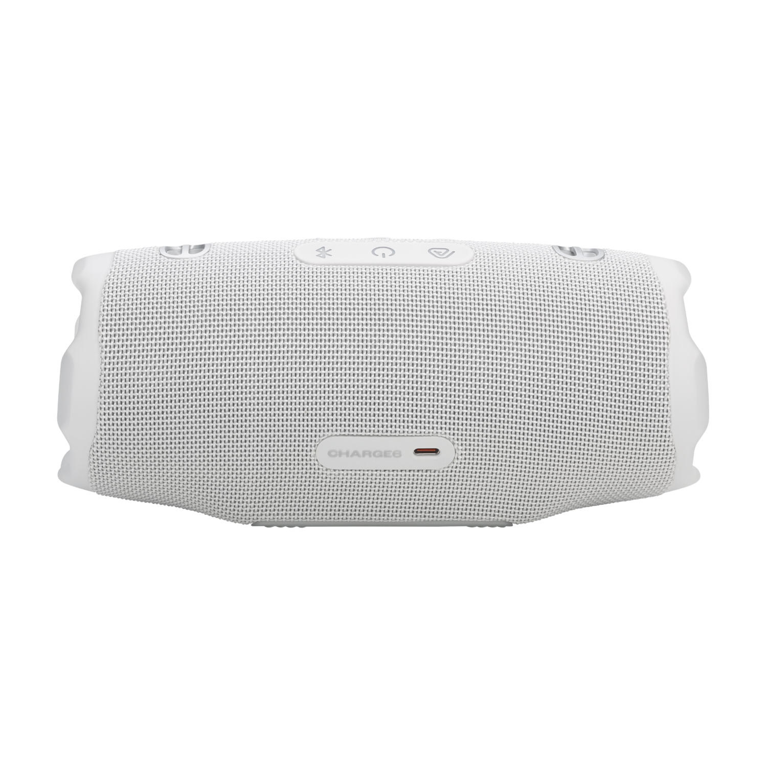 Ein weißer JBL Charge 6 Lautsprecher mit Knöpfen und Logo vor schwarzem Hintergrund.