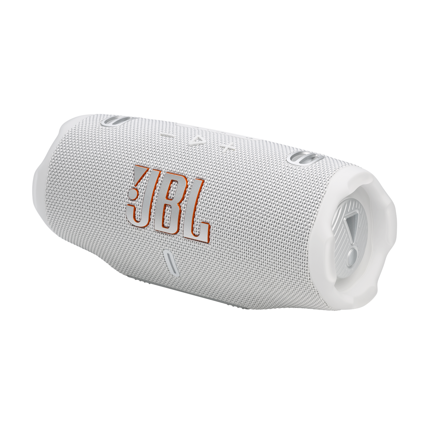 Ein weißer JBL-Lautsprecher mit orangefarbenem JBL-Logo. Es ist ein zylindrisches Design.