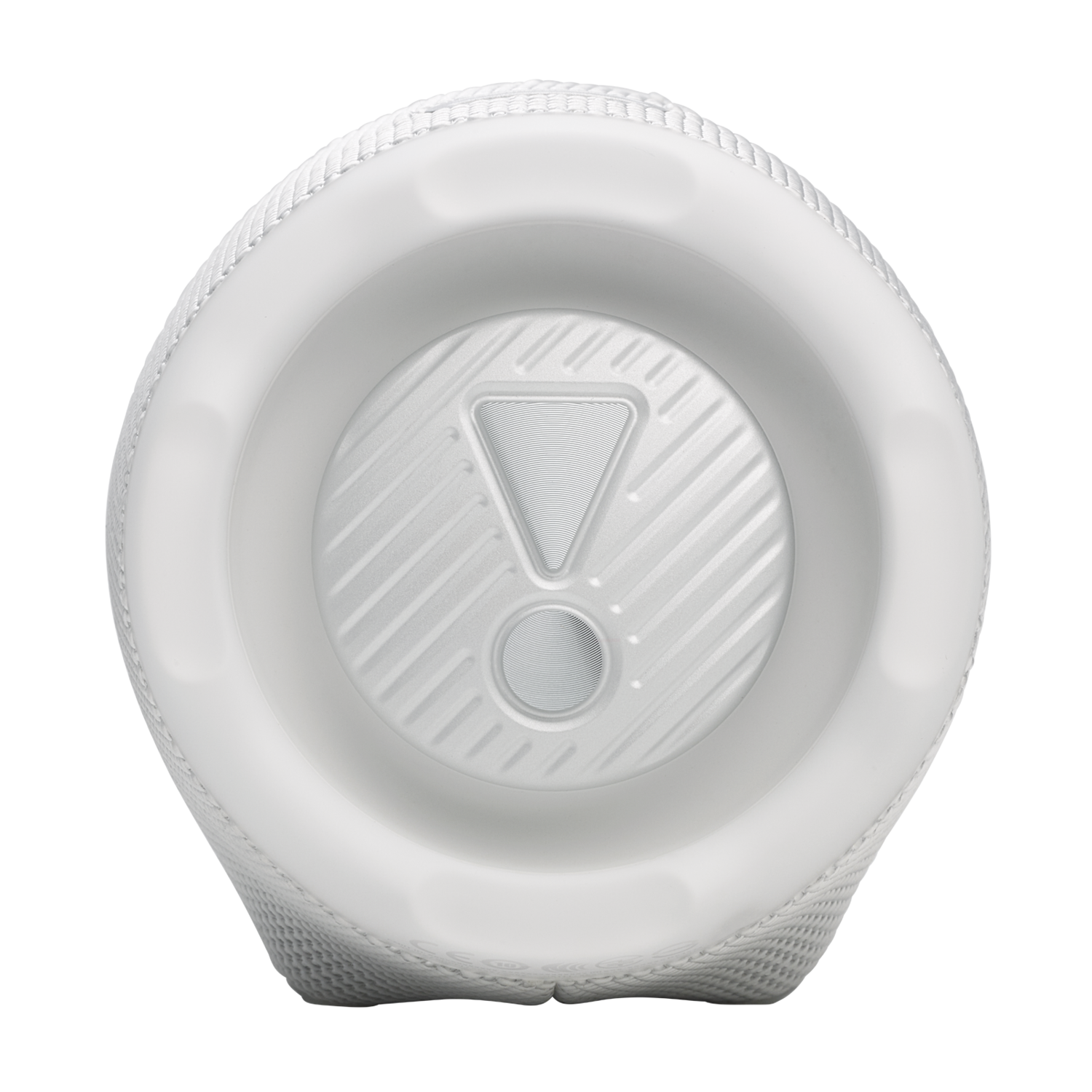 Nahaufnahme des weißen JBL-Lautsprecherendes, mit Logo in der Mitte des Kreises.